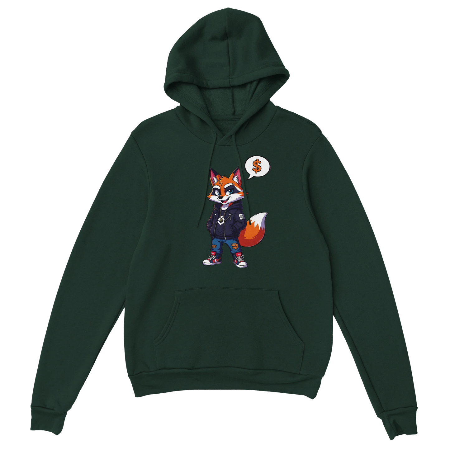 Green hoodie with cartoon fox print from PixiOnyx Urban Comfort Unisex Street Hustle Fox
