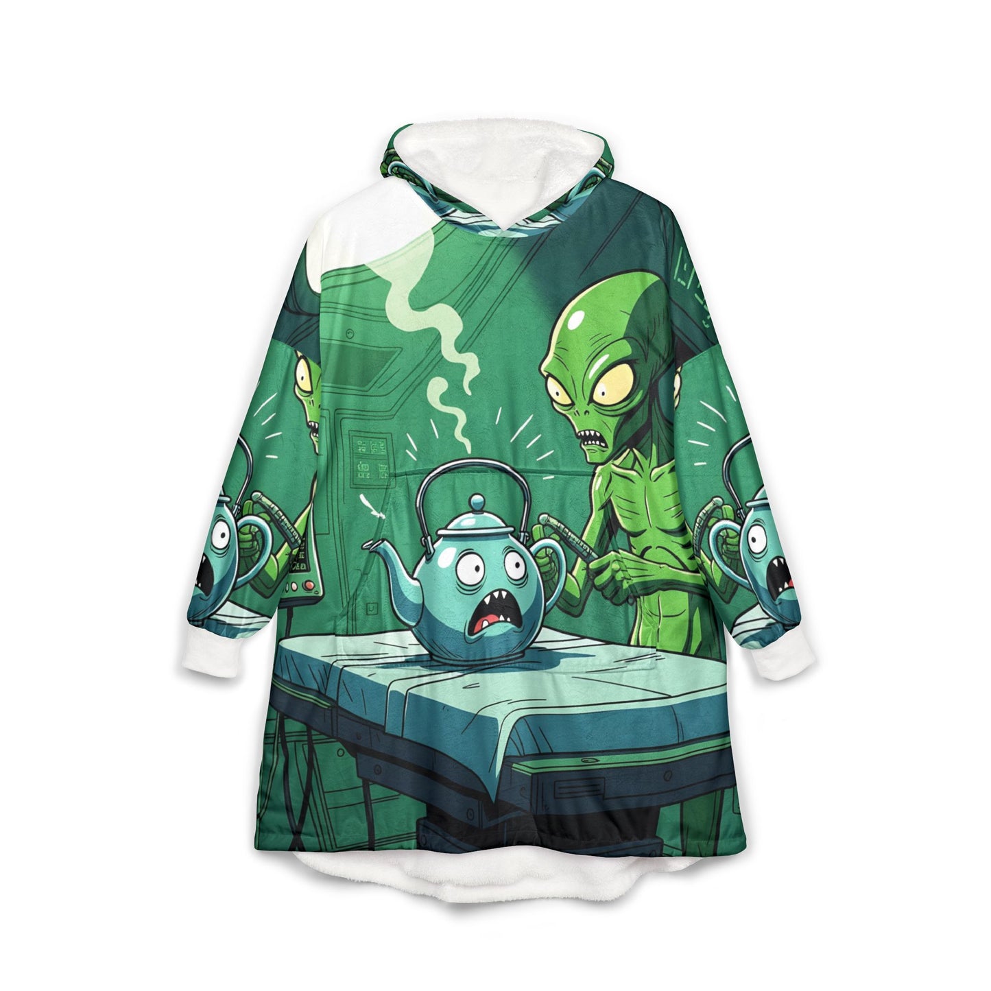 Hooded Blanket – Probe Protocol | Alien Tea Party Sci-Fi Cozywear by PixiOnyx - One size / White - All Over Prints