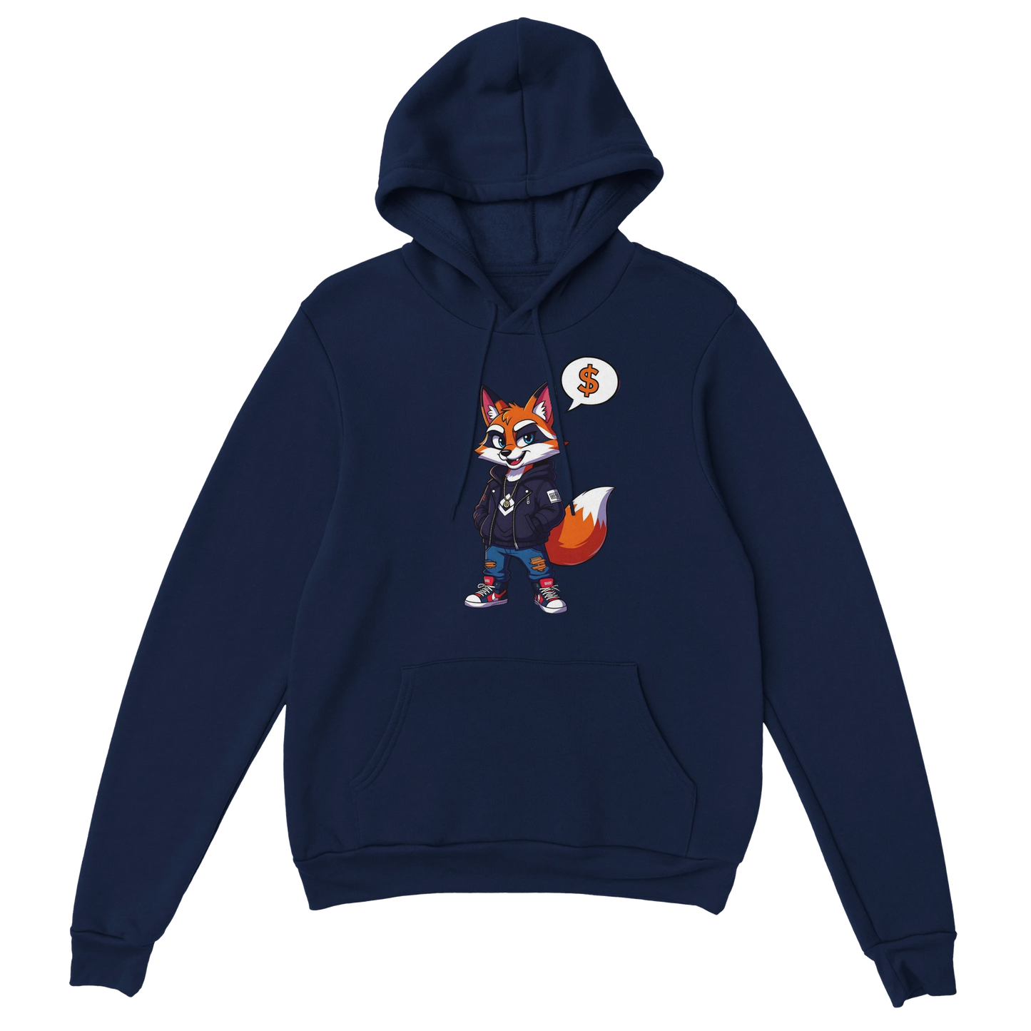 Navy blue unisex hoodie with animated fox graphic from PixiOnyx Street Hustle collection