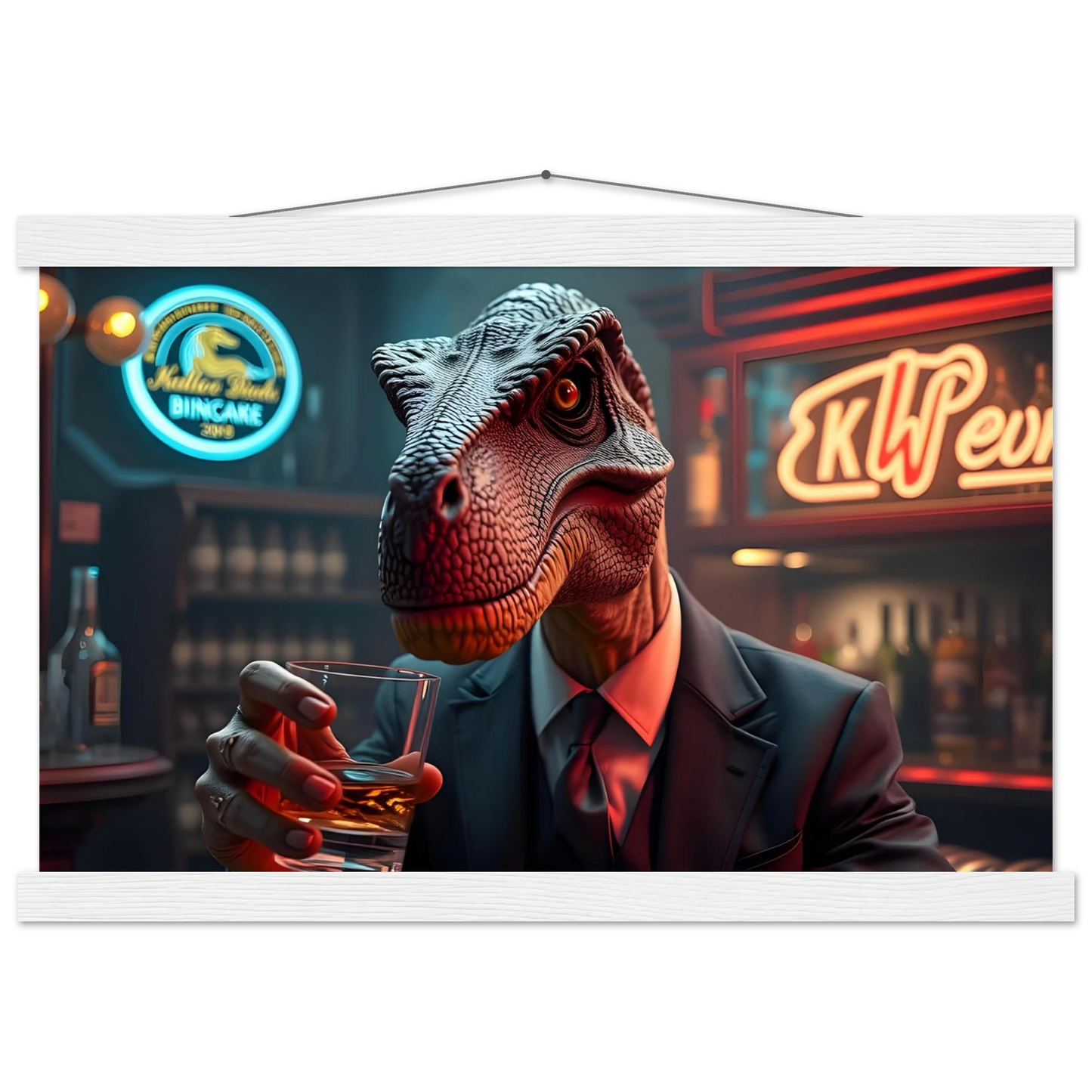 Dapper Dinosaur Drinking Whiskey on PixiOnyx Hanging Poster for After Hours Instincts