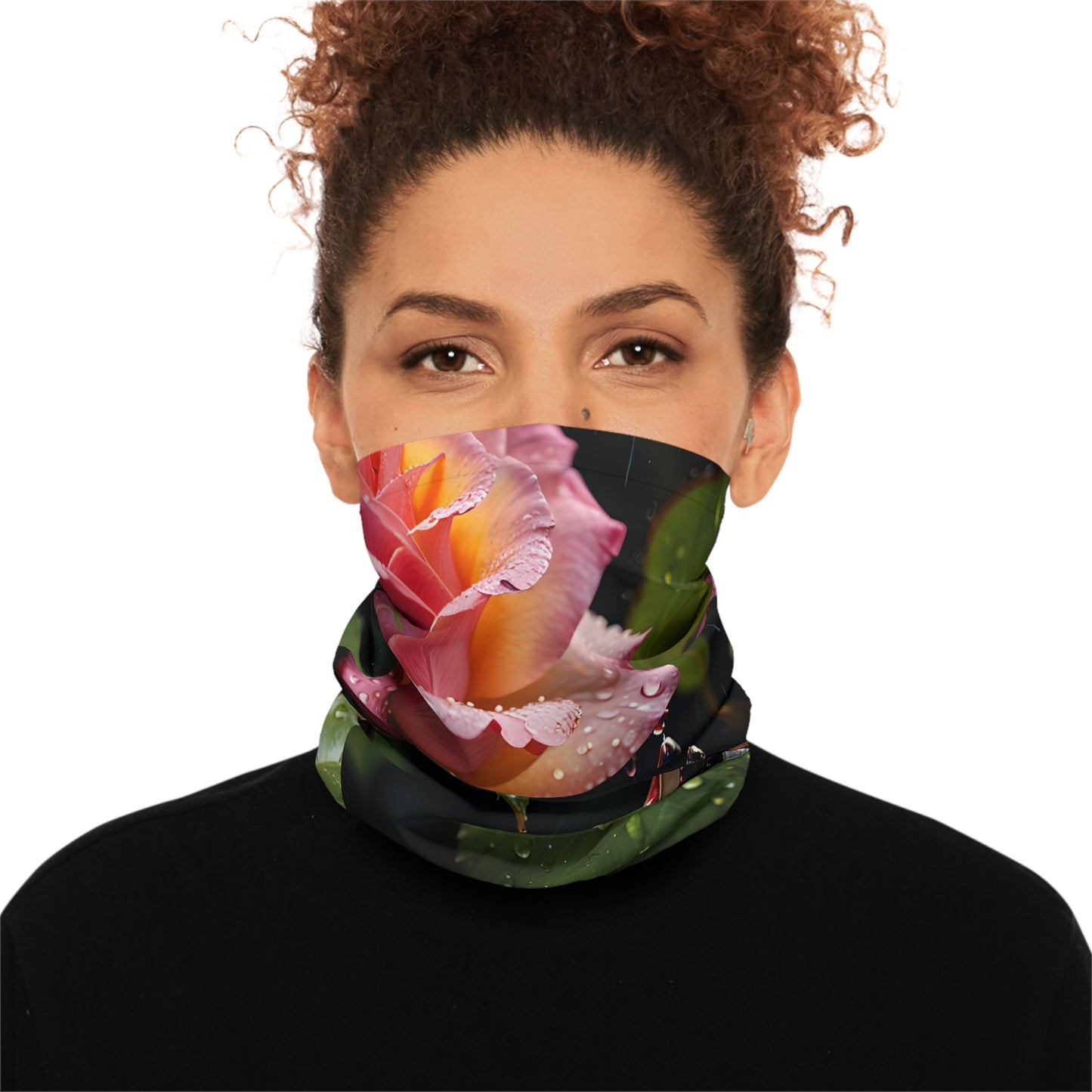 Floral neck gaiter in blush pink with blooming flower pattern for stylish protection