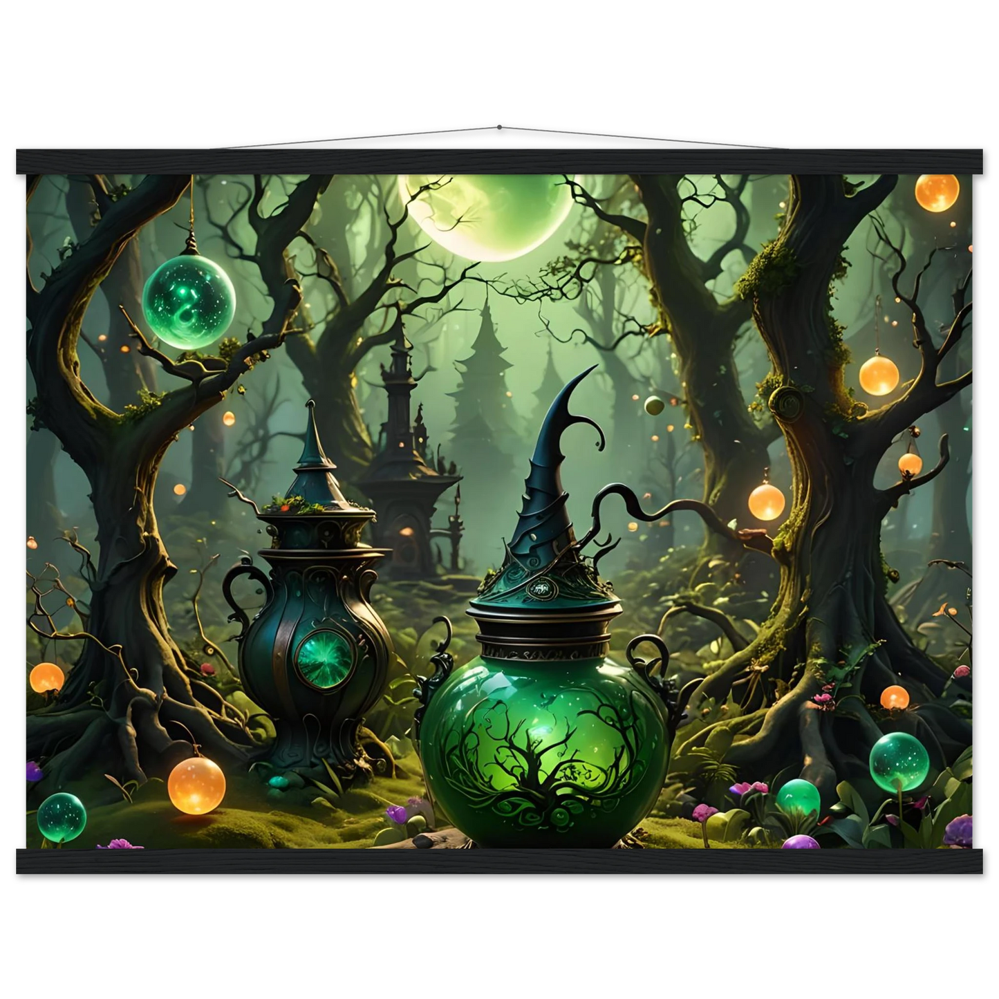 Green witch’s potion bottle displayed on Witchcraft Forest Hanging Poster Matte Fantasy Art
