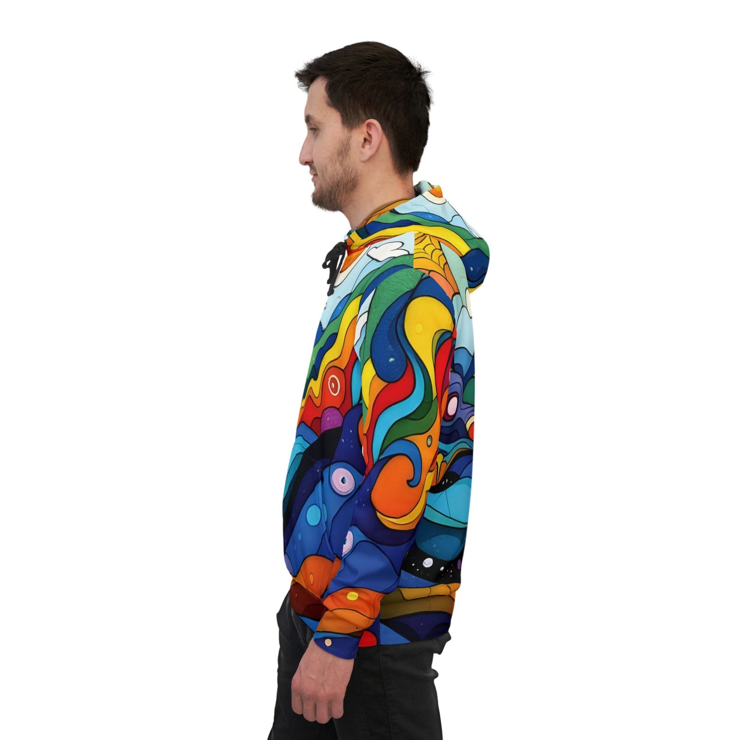 Colorful patterned layered spectrum abstract psychedelic athletic hoodie displayed in PixiOnyx Colorwave Festival Hoodie