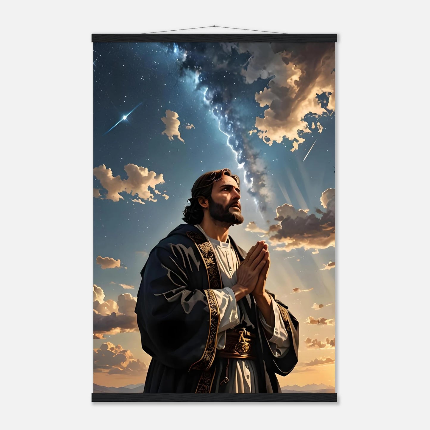 Religious wall hanging poster with hanger featuring Prayer to the Cosmos by PixiOnyx