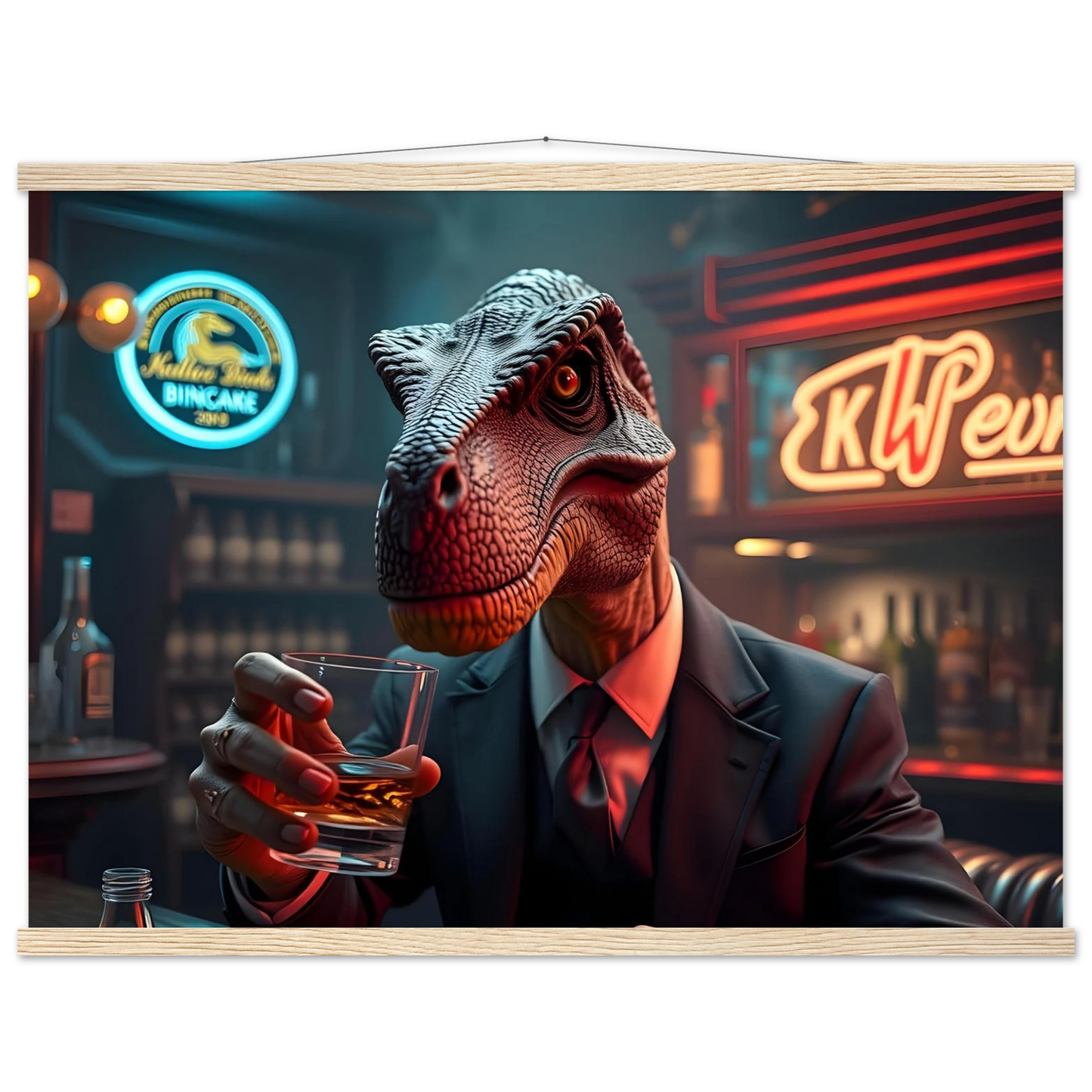 Dinosaur in a suit holding a drink on Whiskey Raptor Hanging Poster PixiOnyx Matte Hanger