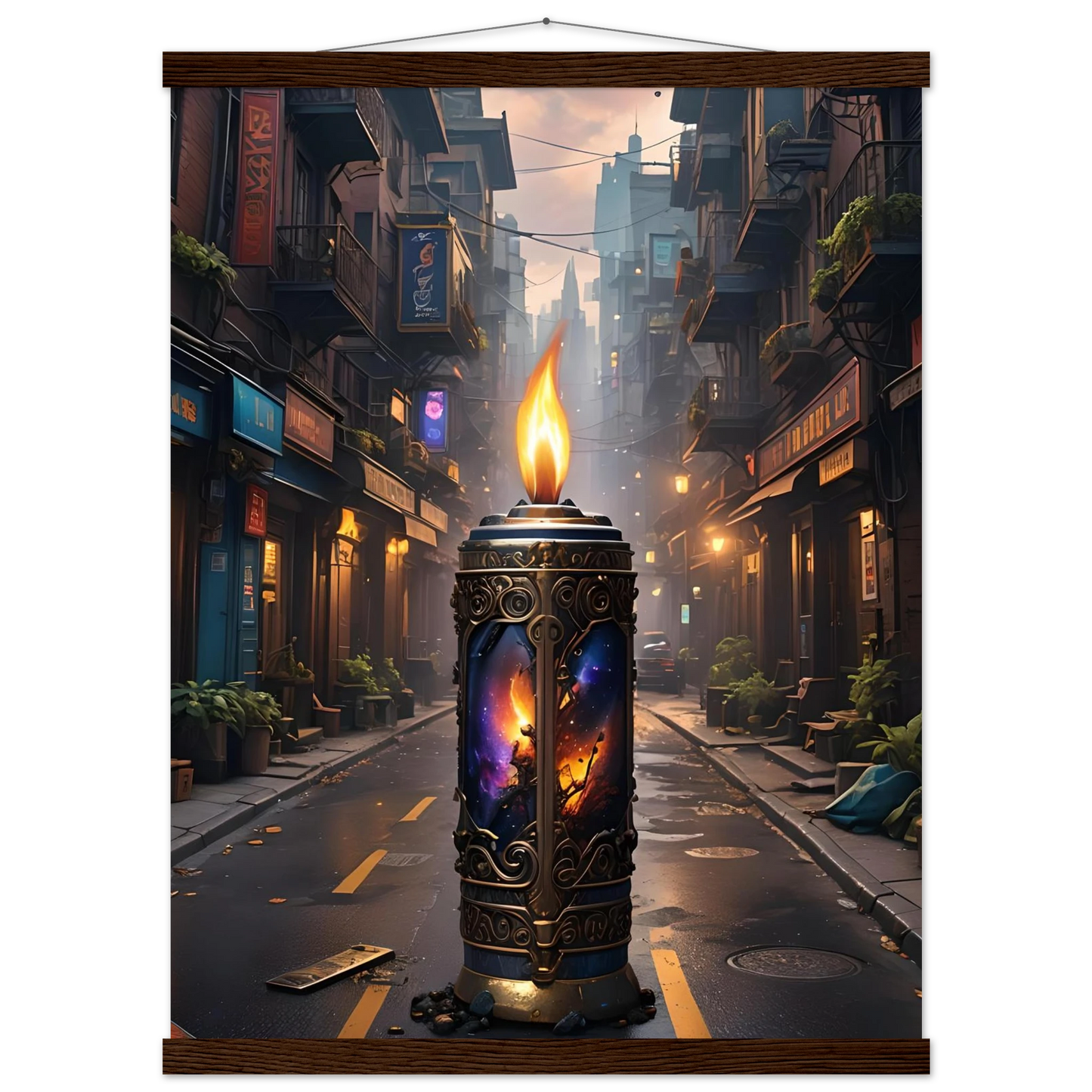 Ornate candle with cosmic imagery from Galactic Flame Hanging Matte Poster by PixiOnyx