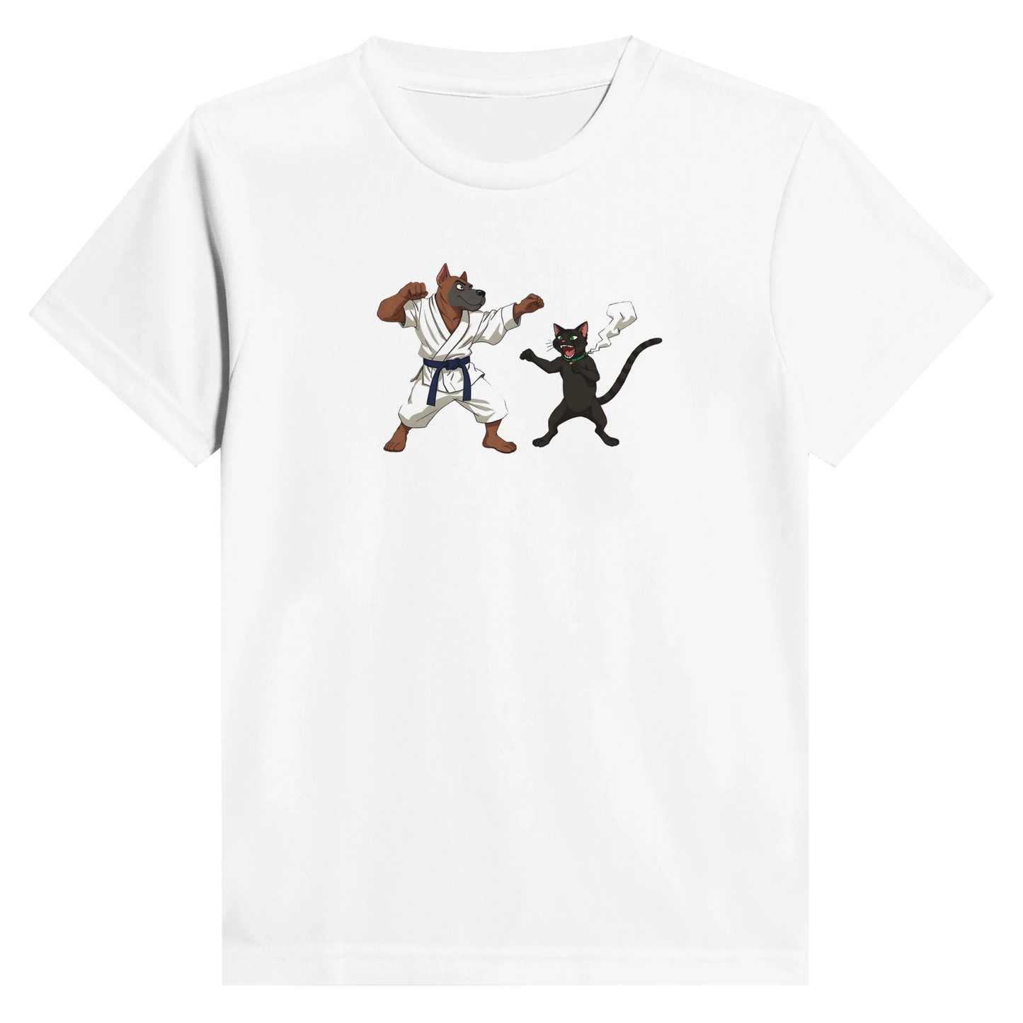 White kids’ crewneck T-shirt with dog and cat martial arts illustration from Paws of Fury
