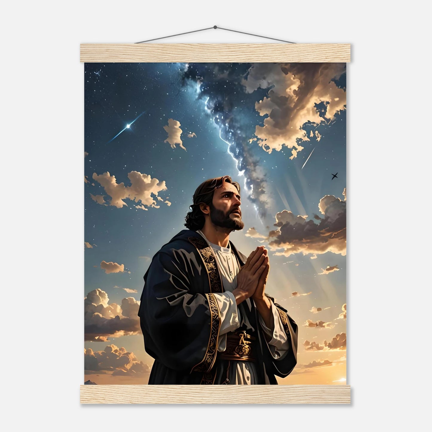 Religious wall hanging poster with hanger featuring cosmic prayer design from PixiOnyx