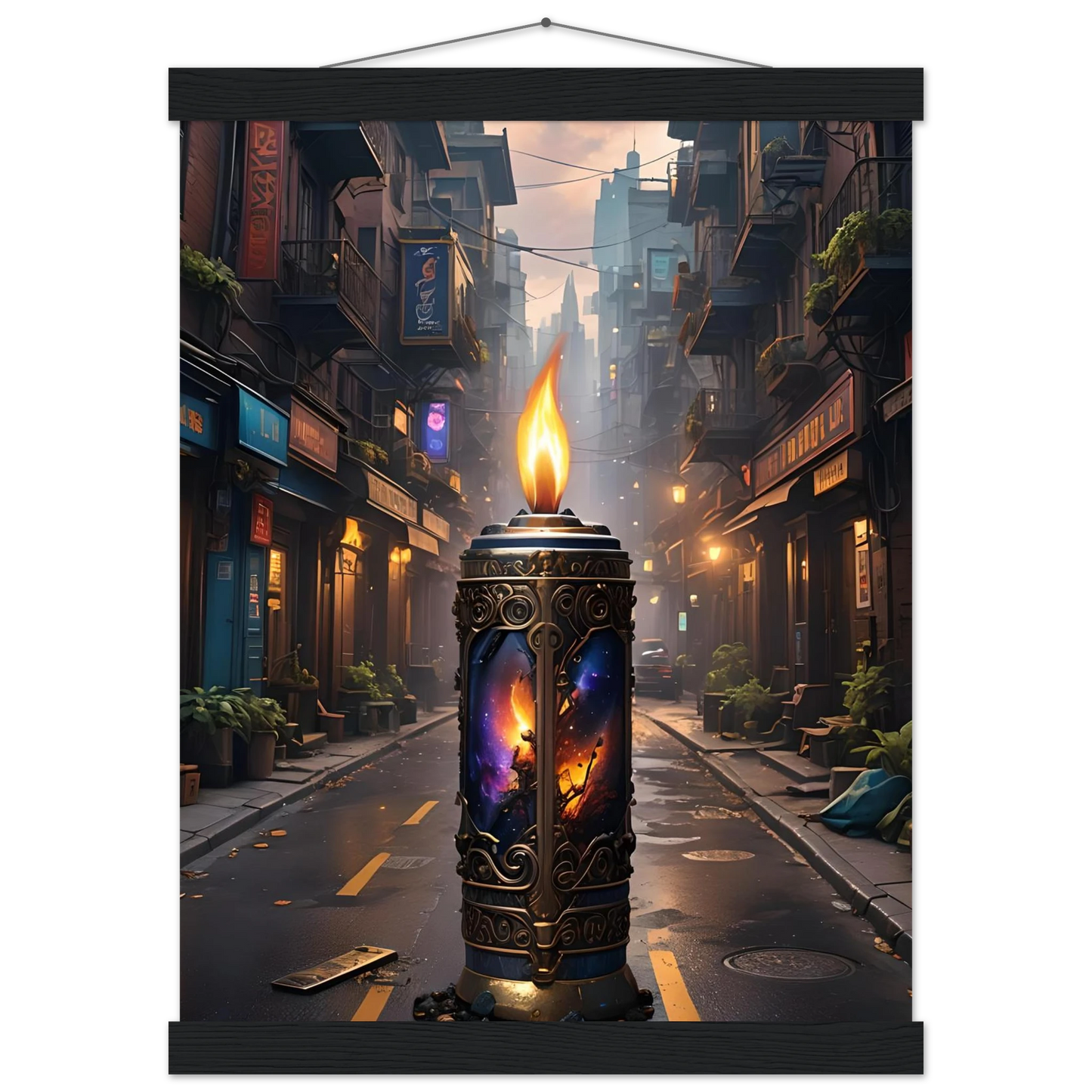 Ornate candle with cosmic imagery on Galactic Flame Hanging Matte Poster from PixiOnyx