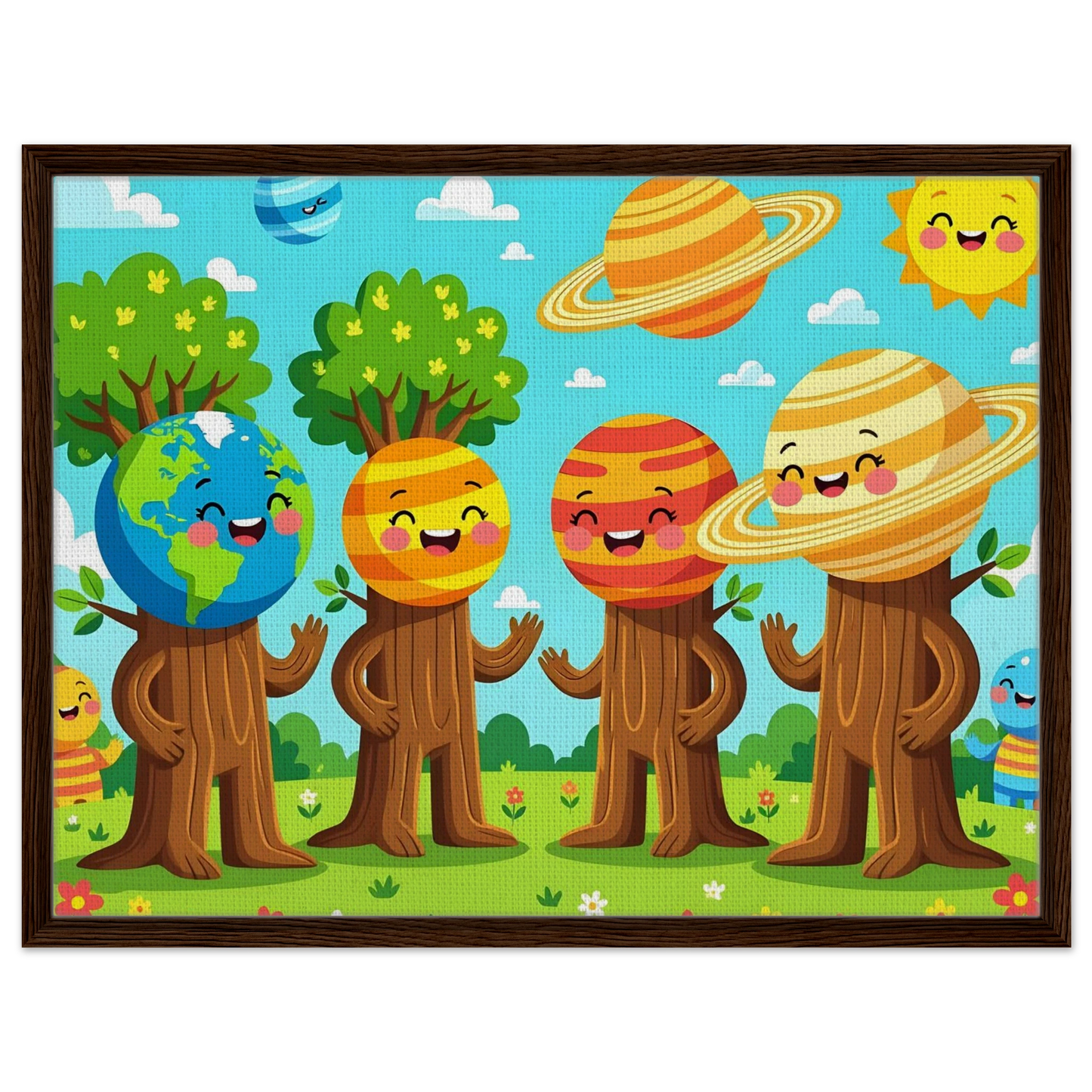 Cartoon planet-headed tree characters on framed canvas artwork Cosmic Tree Friends PixiOnyx