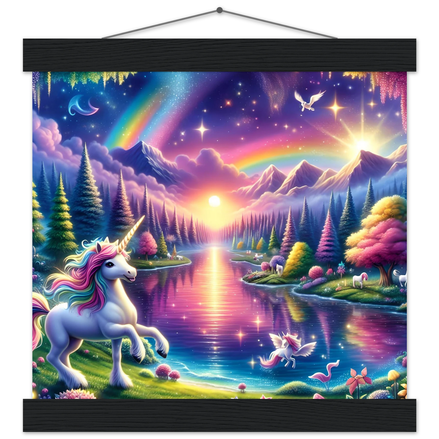 Fantasy unicorn landscape wall hanging poster with magnetic frame for magical wall decor