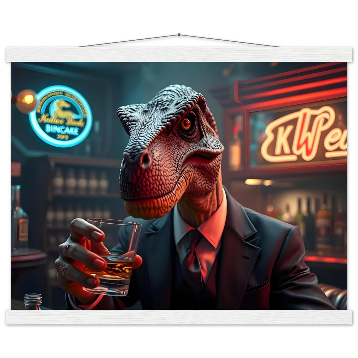 Dinosaur in a suit holding a drink featured on Whiskey Raptor Hanging Poster by PixiOnyx