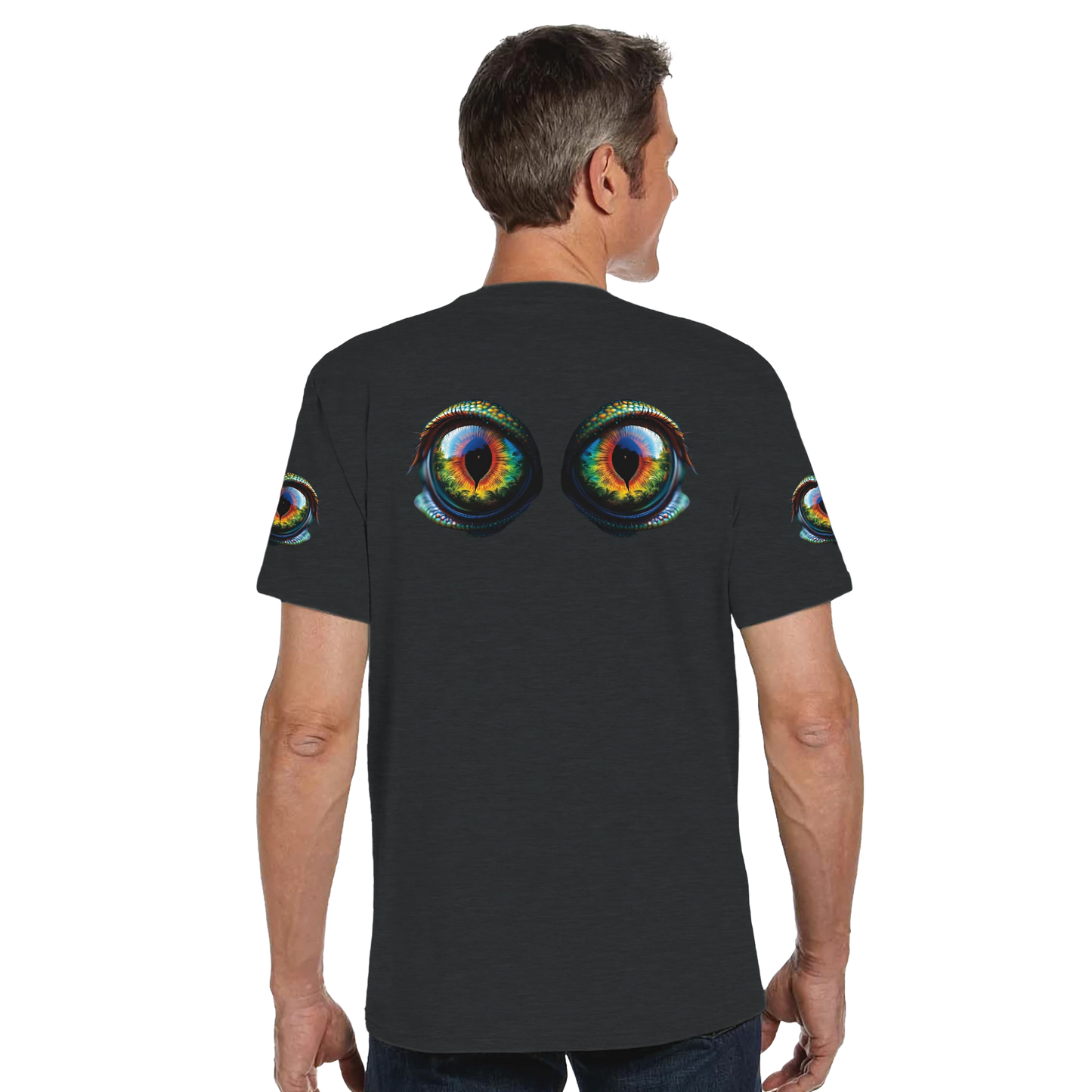 Black unisex crewneck T-shirt with colorful hypnotic eye design from PixiOnyx