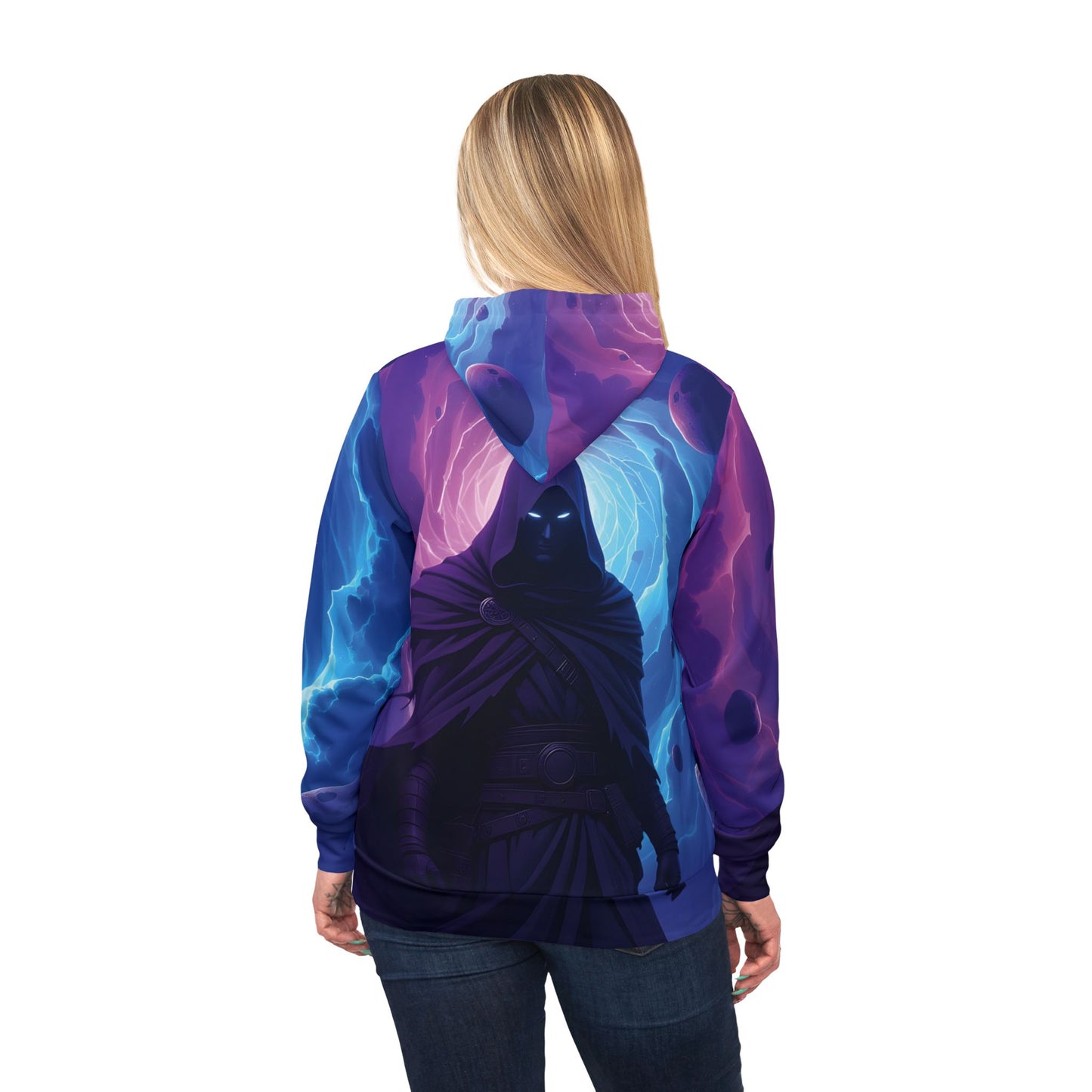 Voidwalker Athletic Hoodie featuring a dark hooded figure with psychedelic cosmic design