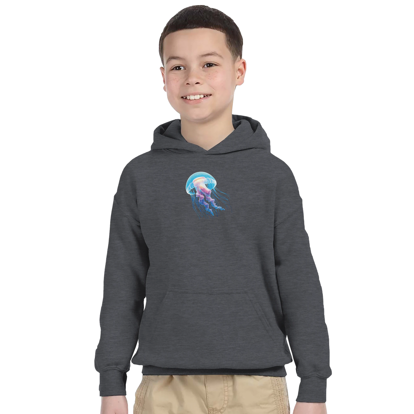 Boy’s gray hoodie with jellyfish design from Classic Kids Pullover Hoodie Glowing Wanderer Cosmic Drift