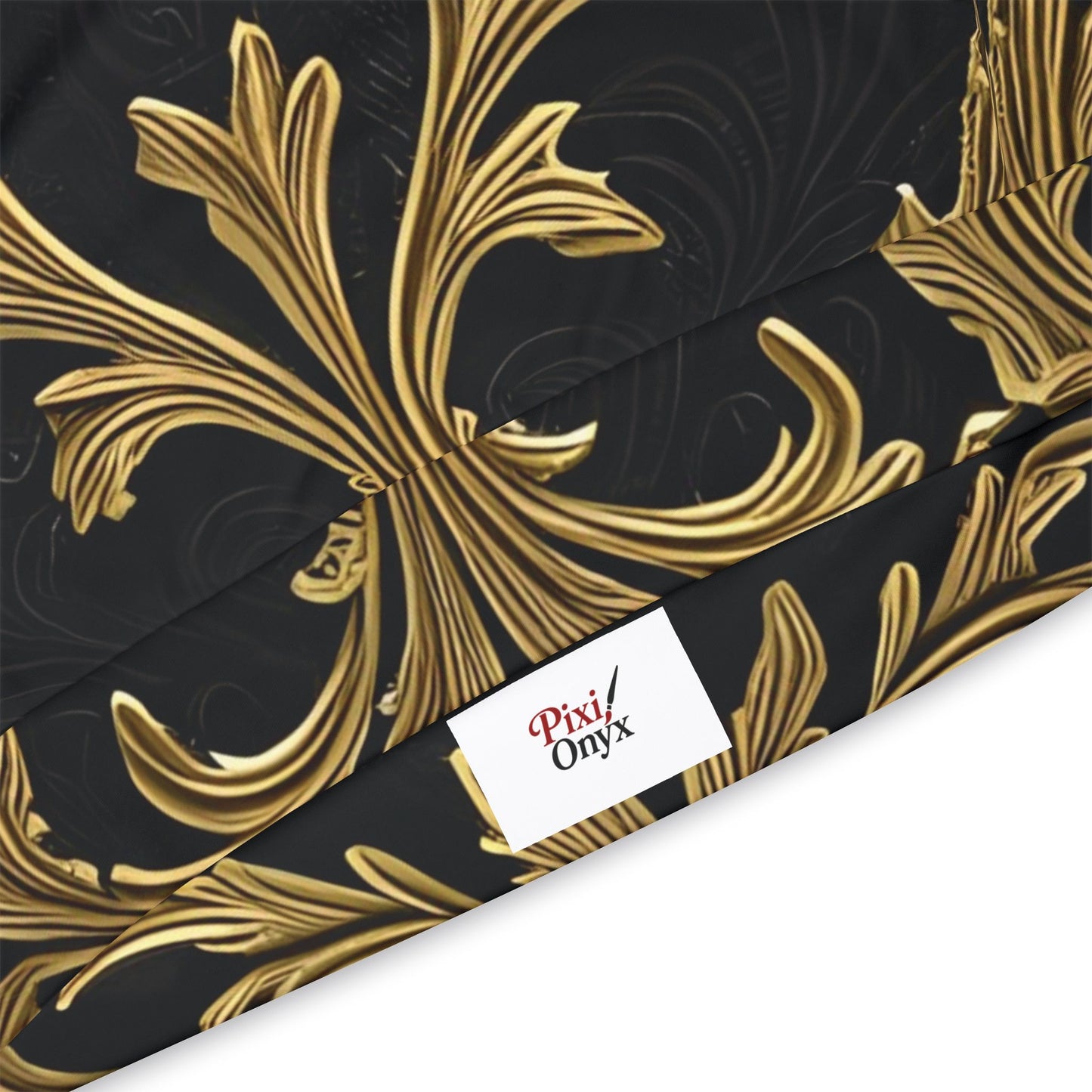Black and gold floral patterned fabric on Gilded Veil Hoodie with Elegant Gold Baroque Design