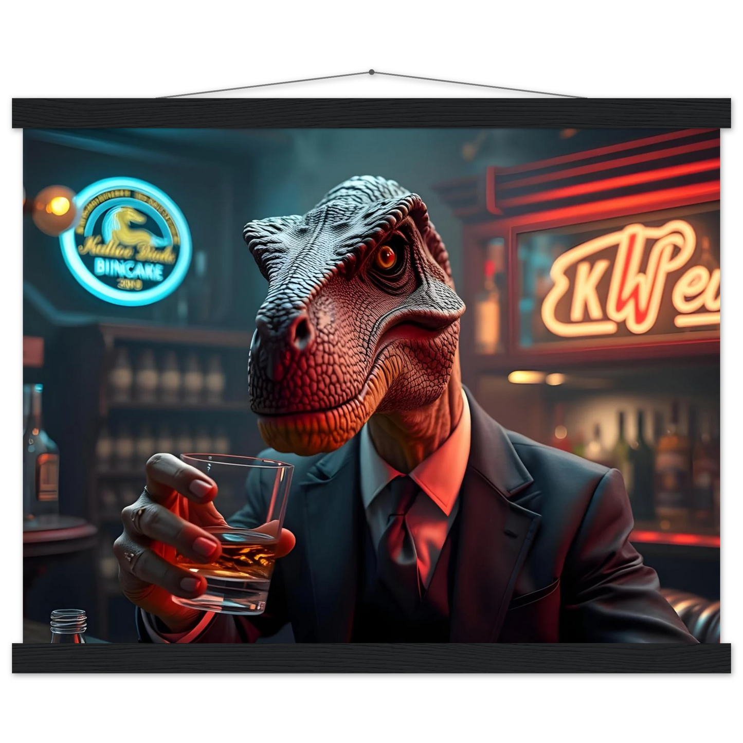 Dinosaur in suit holding whiskey on PixiOnyx Matte Hanger Print Whisker Raptor Poster