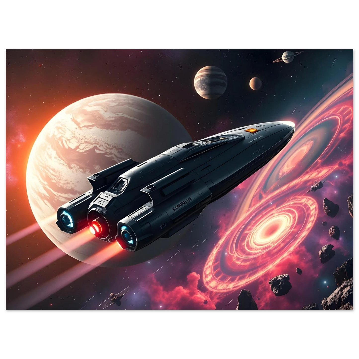 Sleek dark spaceship with glowing engines from Starship Voyager Fine Art Poster by PixiOnyx