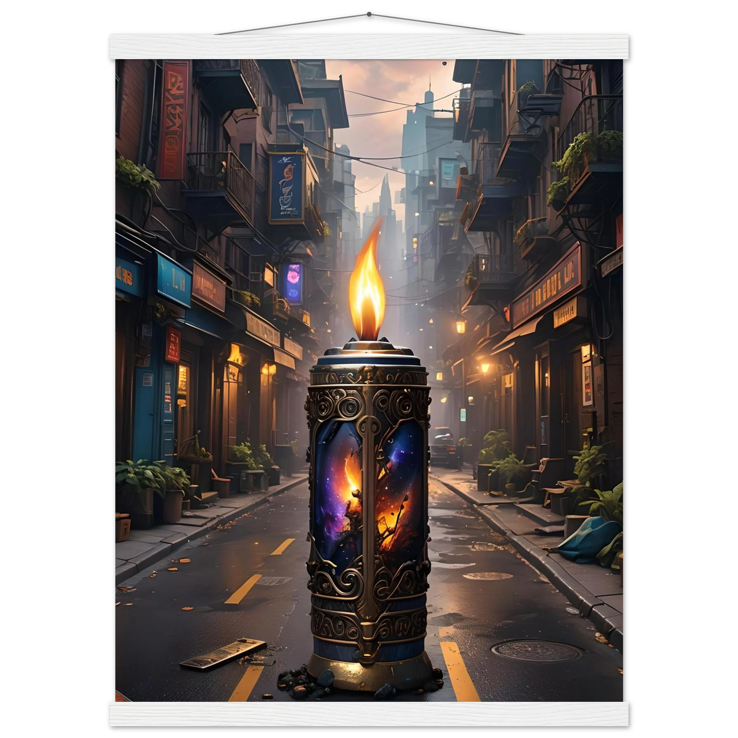 Ornate candle with celestial imagery from Galactic Flame Hanging Matte Poster PixiOnyx Exclusive