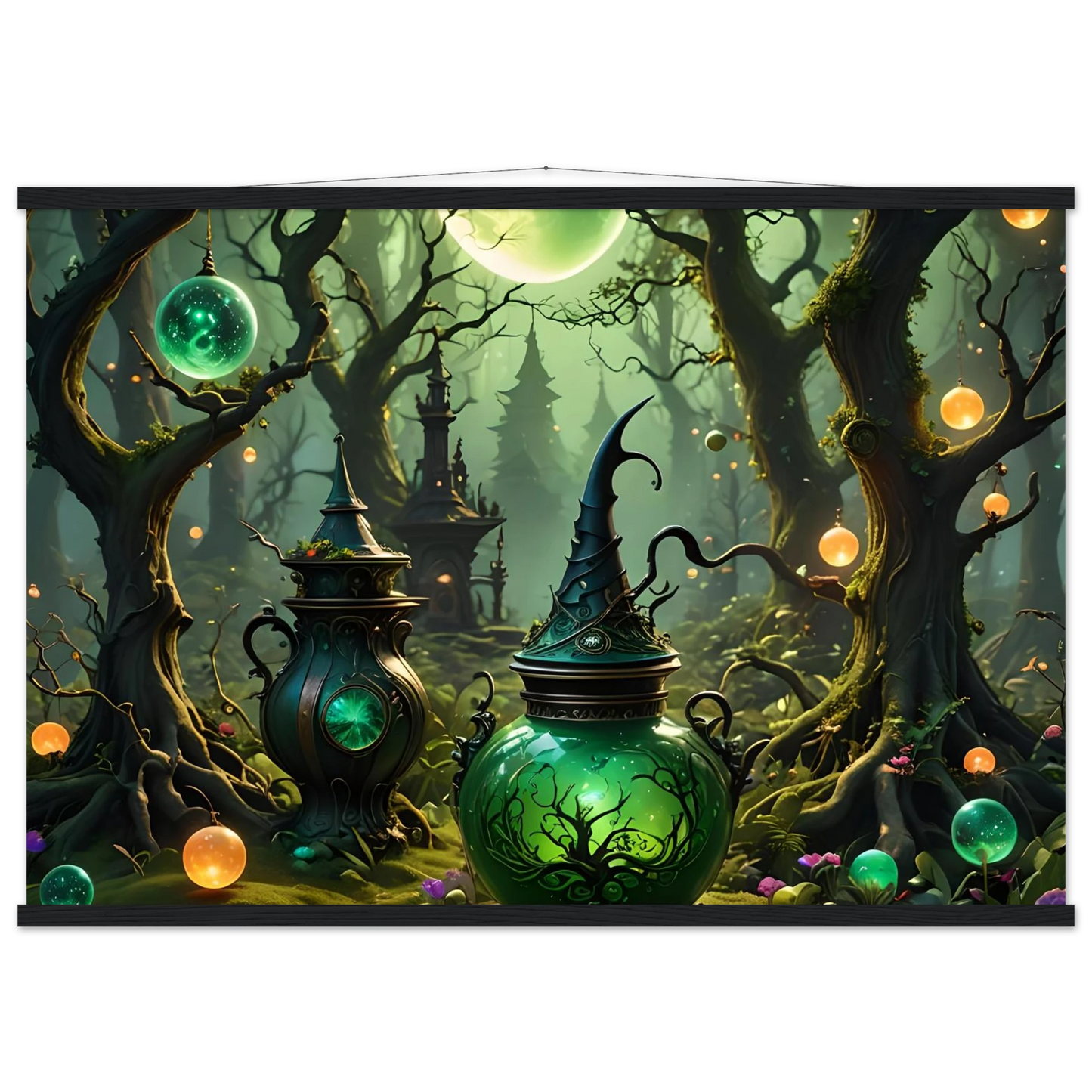 Enchanted potion bottles displayed on Witchcraft Forest Hanging Poster Matte Fantasy Art