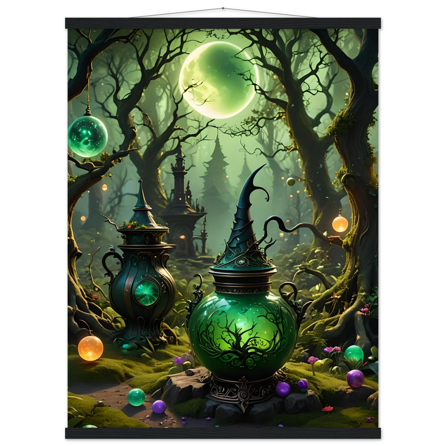 Enchanted green potion vessels on Witchcraft Forest Hanging Poster Matte Fantasy Art