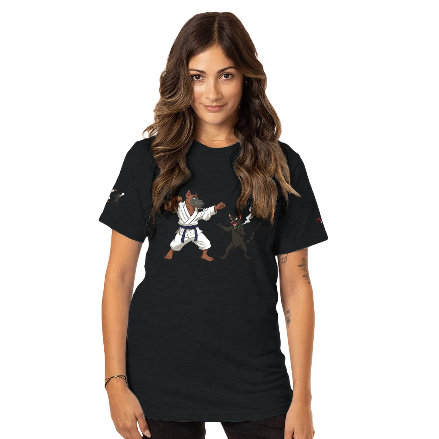 Black unisex crewneck T-shirt featuring Karate Dogs design from Paws of Fury collection