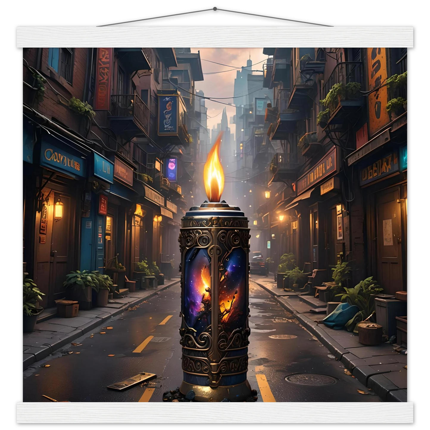Ornate candle with cosmic imagery for Galactic Flame Hanging Matte Poster PixiOnyx Exclusive