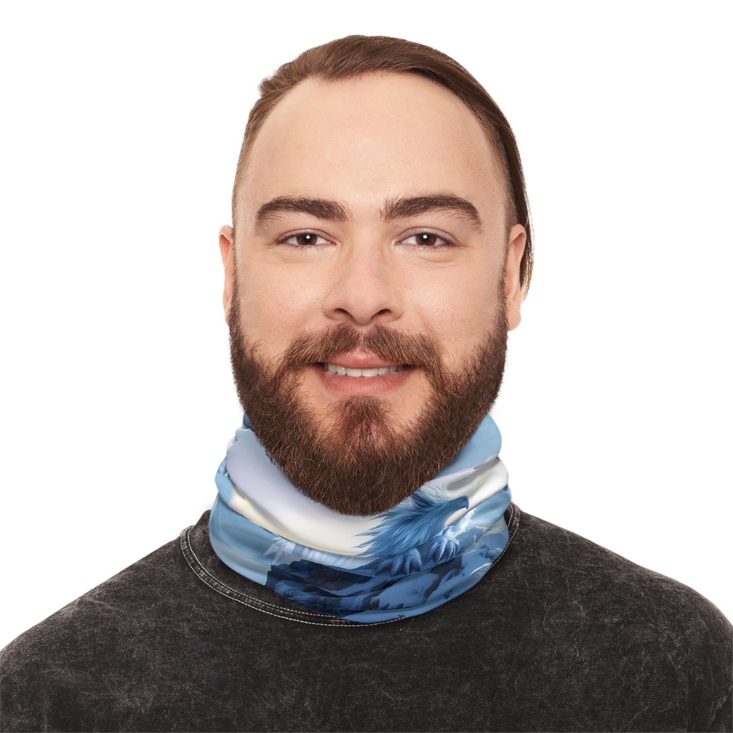 Man wearing a blue patterned neck gaiter from Snowpeak Griffin PixiOnyx Summitborn Fantasy Series