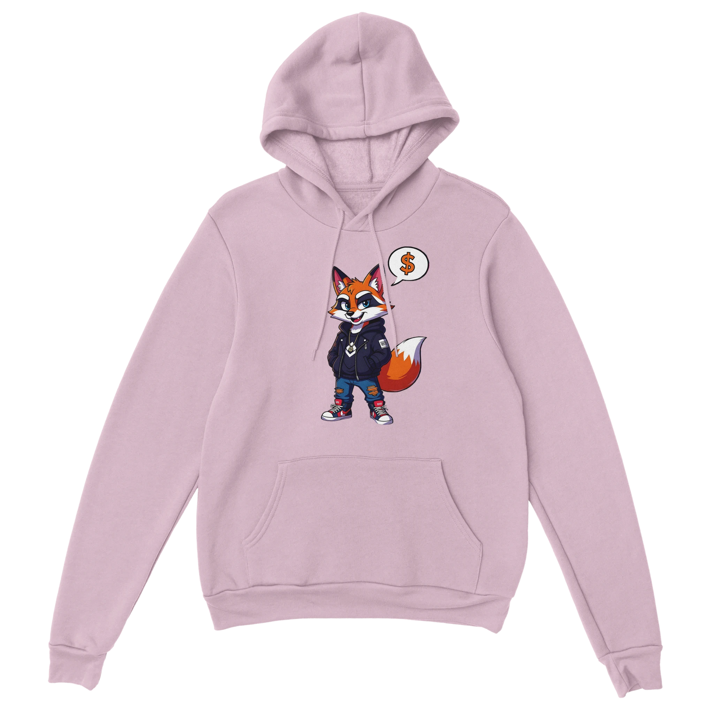 Pink hoodie with cartoon fox design from Unisex Hoodie Street Hustle Fox PixiOnyx Urban Comfort