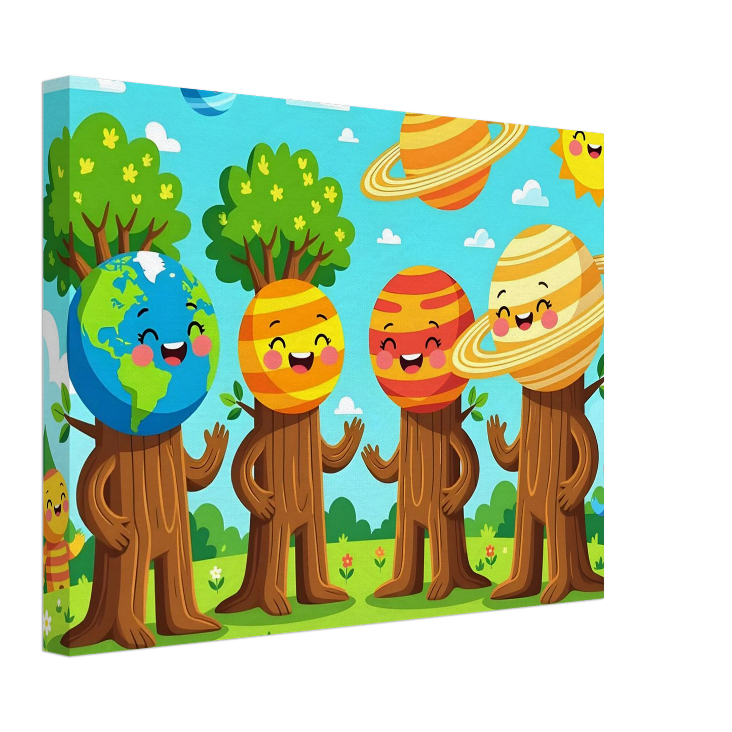 Cartoon planet-headed tree characters from Canvas Cosmic Tree Friends by PixiOnyx Stellar Kids Art