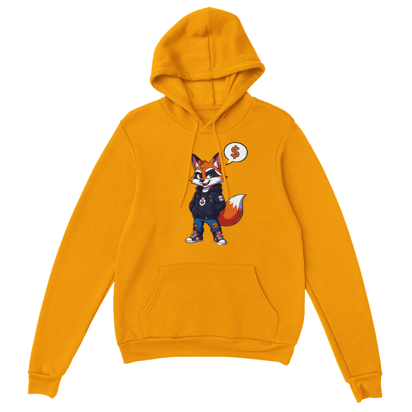 Yellow hoodie with cartoon fox design from Unisex Hoodie Street Hustle Fox PixiOnyx Urban Comfort