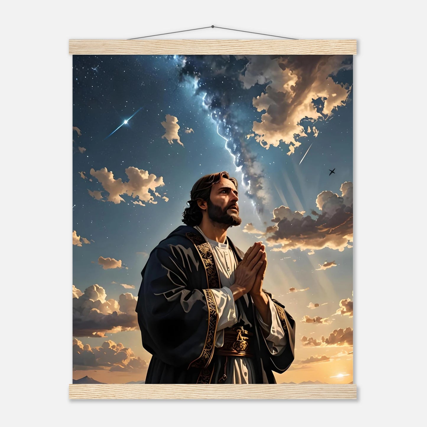 Framed religious wall art poster with hanger titled Prayer to the Cosmos by PixiOnyx