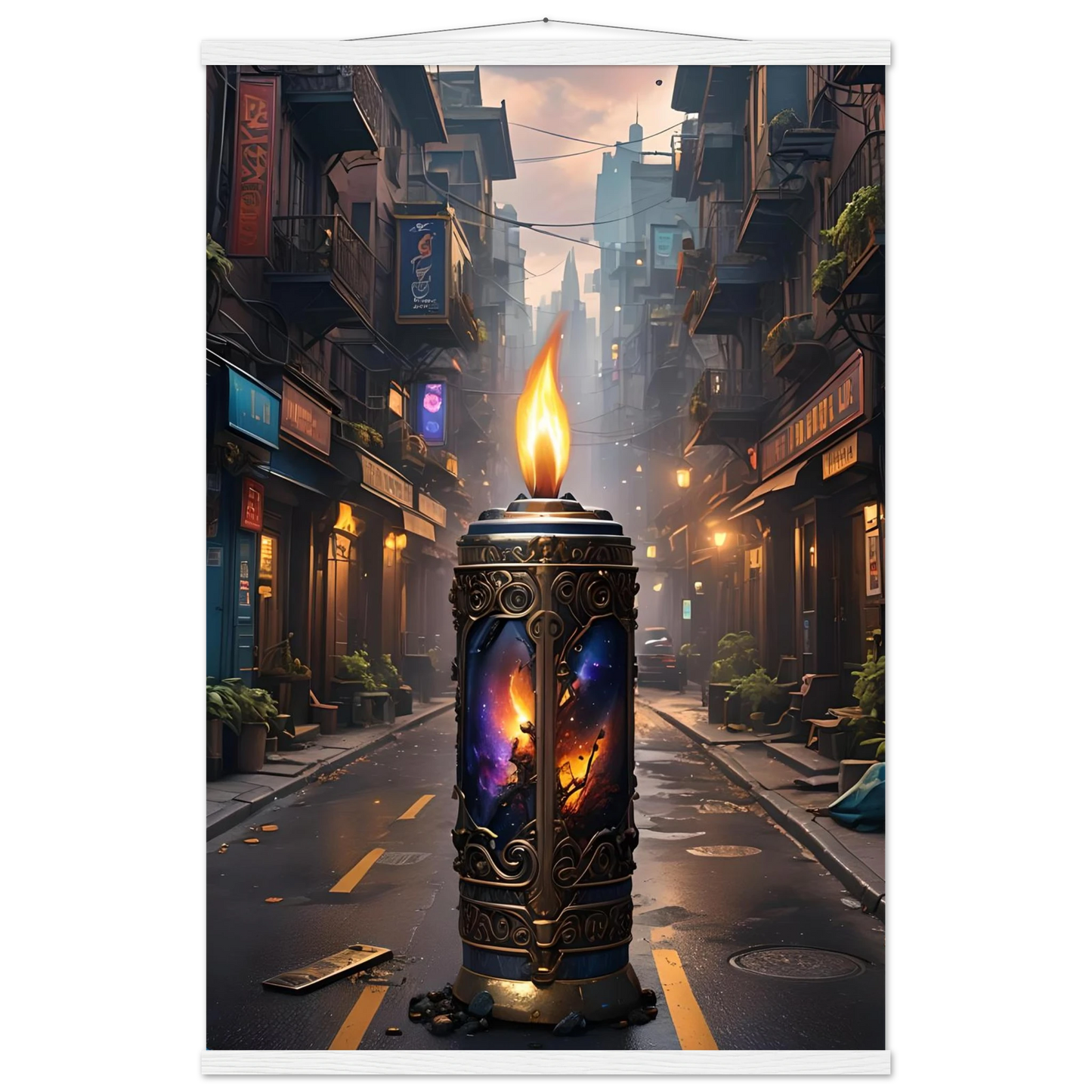 Ornate candle featuring celestial imagery from Galactic Flame Hanging Matte Poster by PixiOnyx