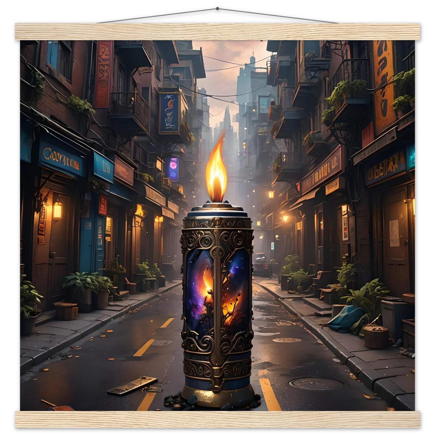 Ornate candle featuring cosmic imagery from the Galactic Flame Hanging Matte Poster by PixiOnyx