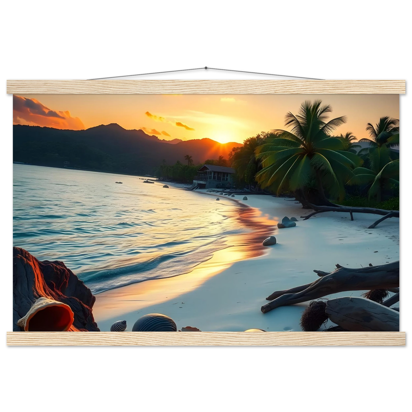 Framed tropical beach sunset poster with hanger for wall decor