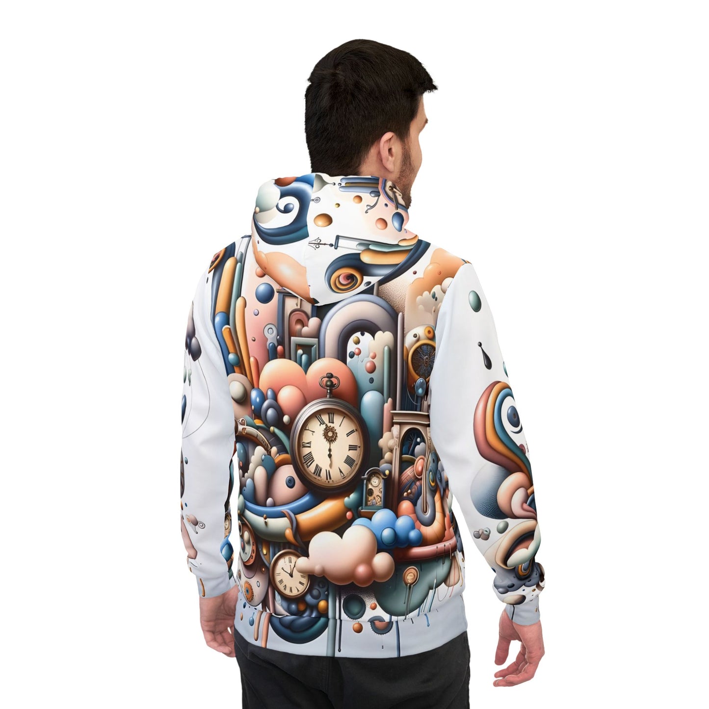 Colorful surreal time-themed hooded sweatshirt from PixiOnyx Activewear Drop