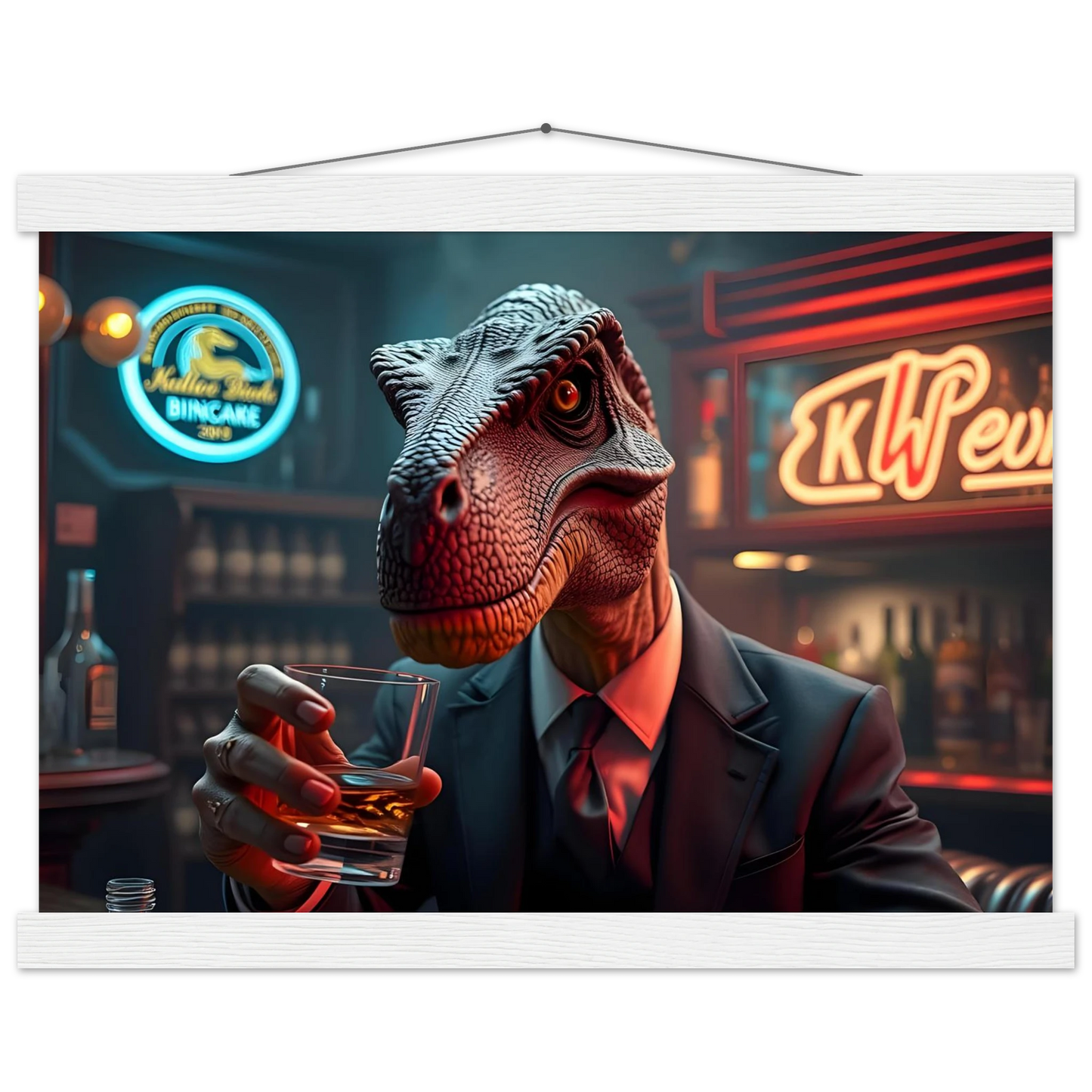 Anthropomorphic dinosaur in a suit drinking whiskey on PixiOnyx Hanging Poster