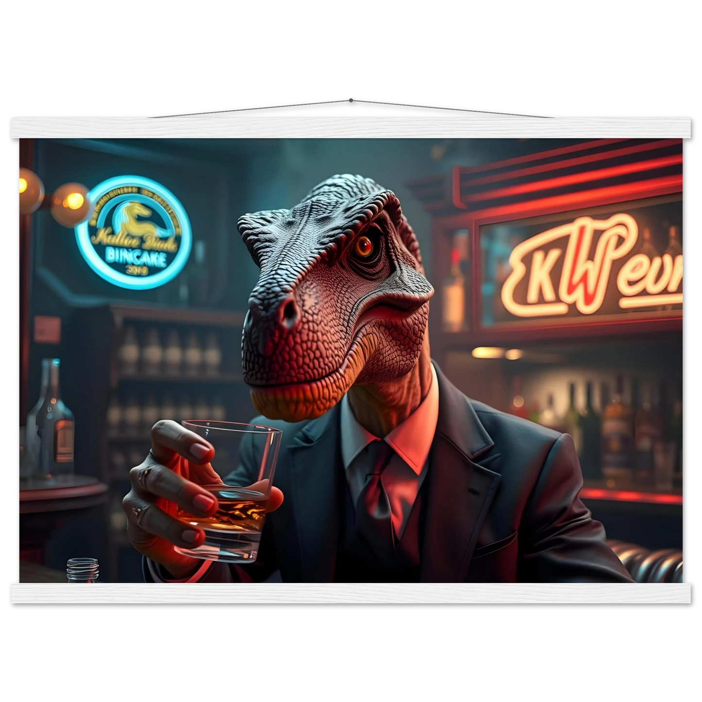 Dinosaur in a suit holding whiskey glass on PixiOnyx Hanging Poster for after hours vibe
