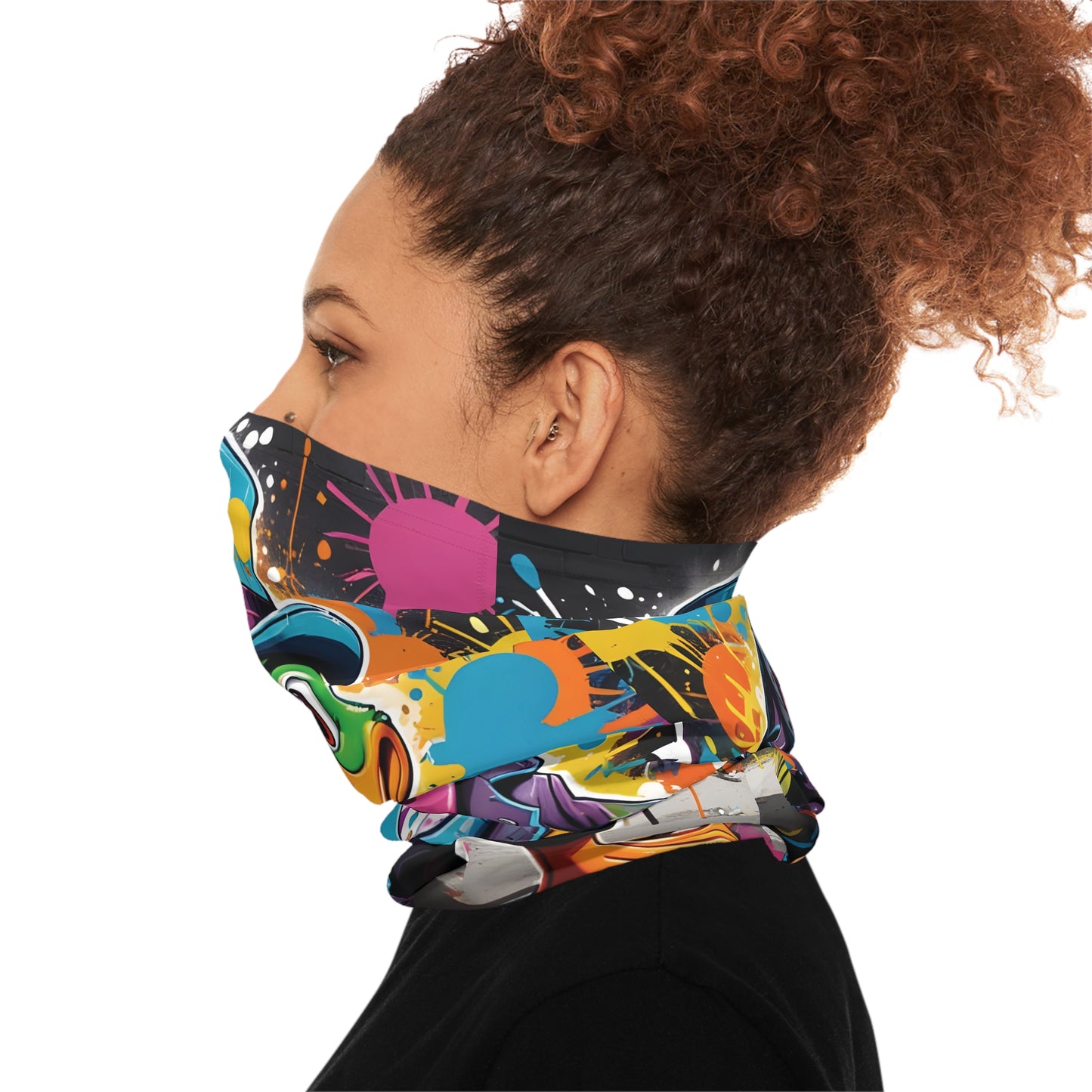 Colorful graffiti neck gaiter for festival and outdoor wear from PixiOnyx Gangster Duck collection