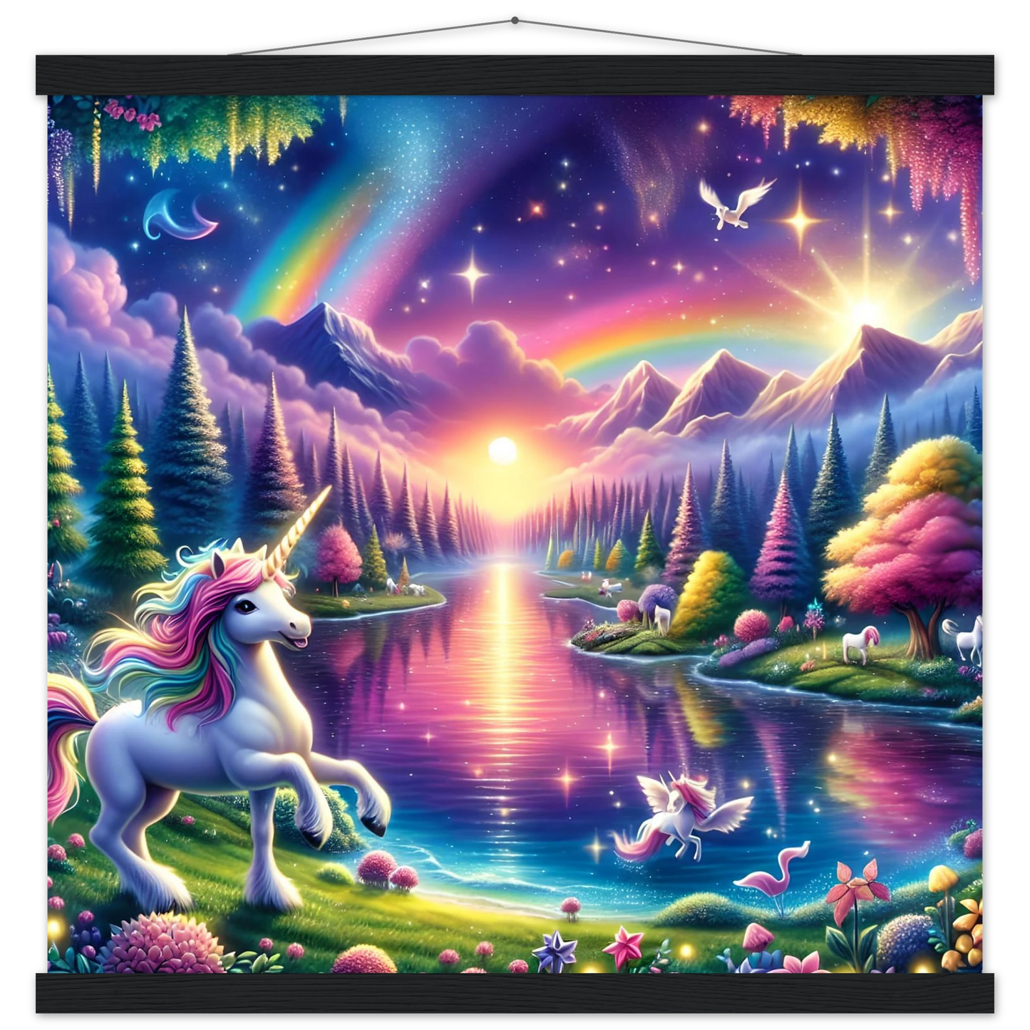 Magical unicorn landscape tapestry for fantasy wall art with magnetic frame by PixiOnyx