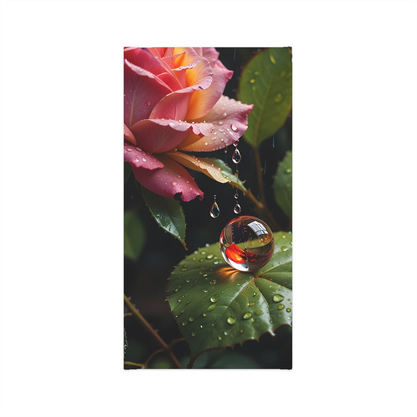 Pink and yellow rose with water droplets and glass marble on Blush Reverie Neck Gaiter