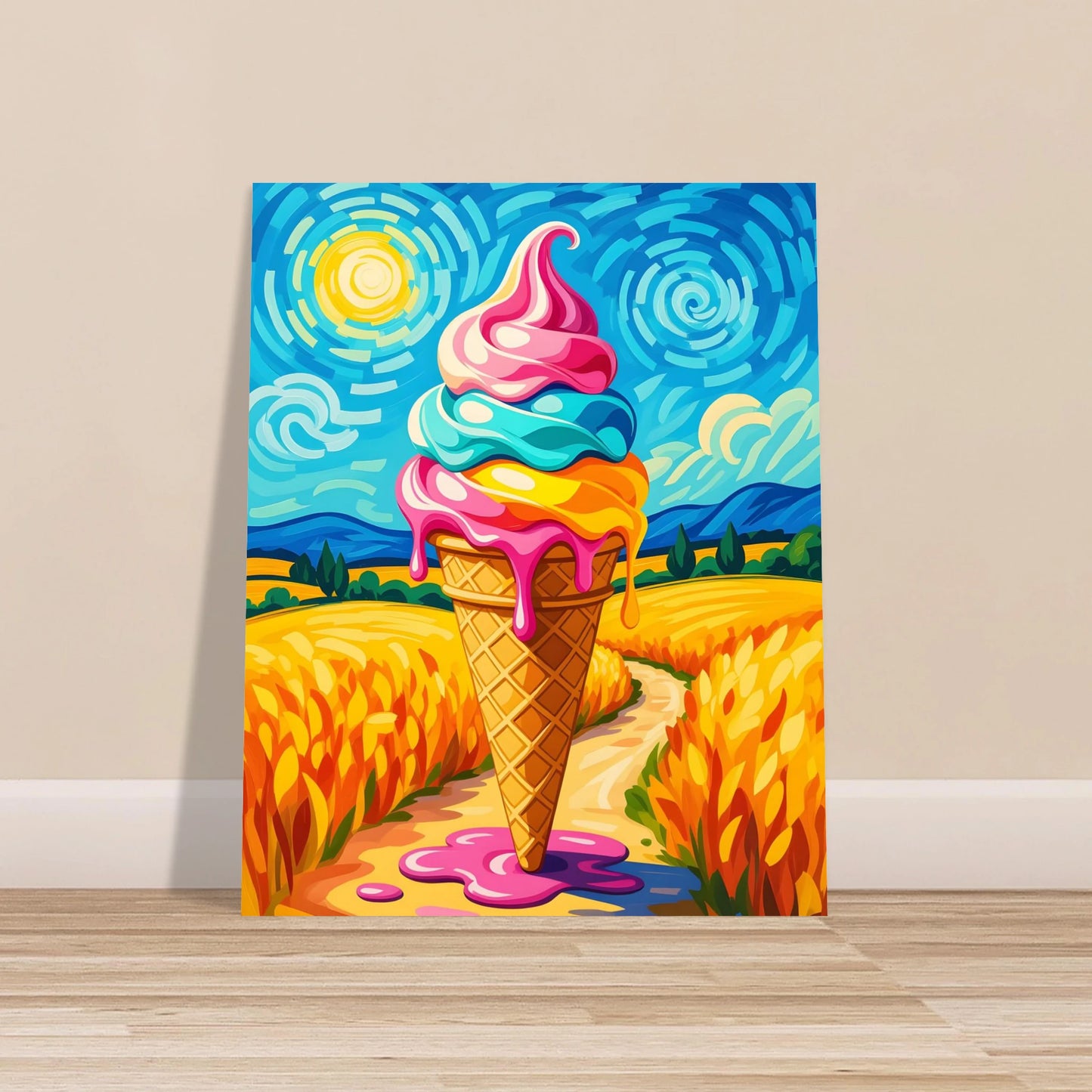 Colorful ice cream cone painting in a Wooden Framed Poster titled Sunlit Swirl of Pastoral Chaos