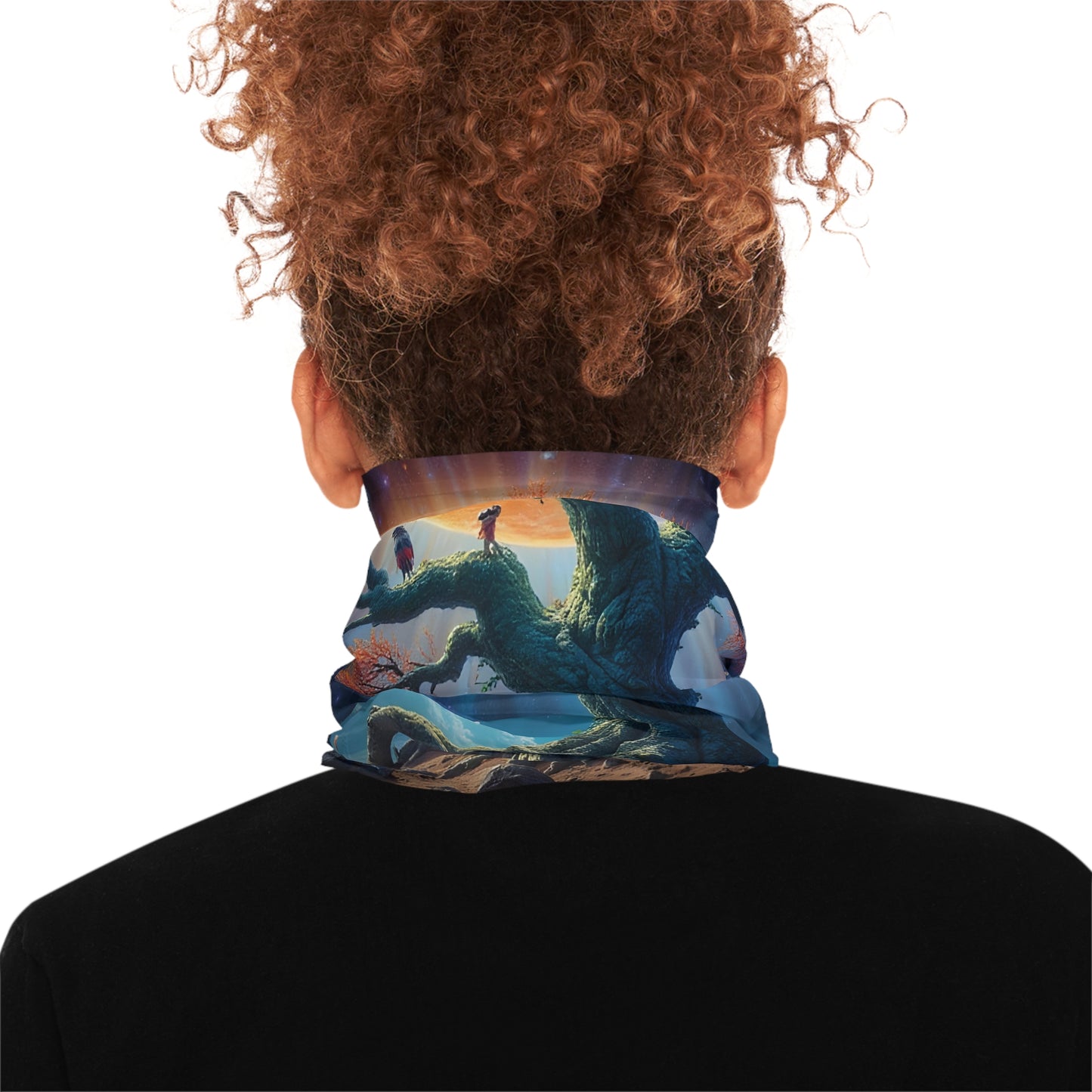 Artistic neck gaiter featuring Tree of Light design from PixiOnyx Mystical Forest collection