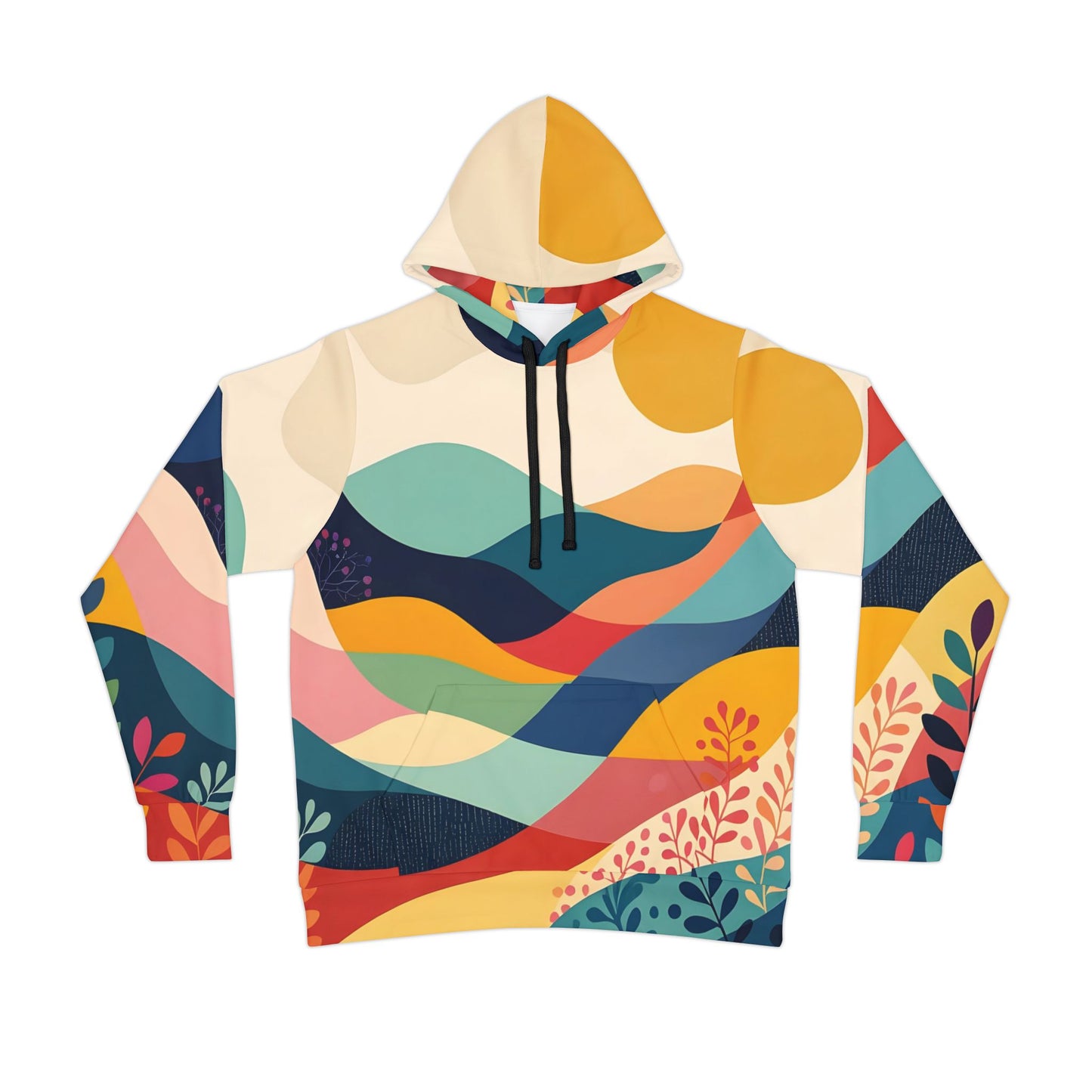 Colorful patterned Sunset Grove AOP Hoodie displayed in abstract nature design for unisex wear