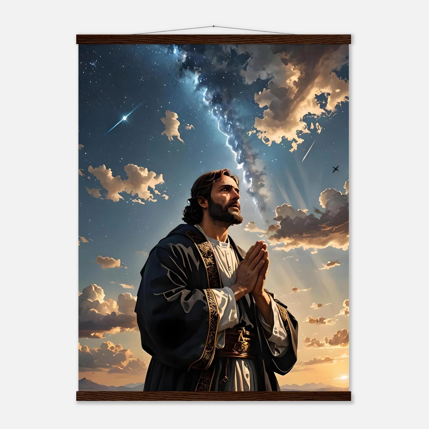 Religious wall hanging titled Prayer to the Cosmos displayed with hanger in product shot