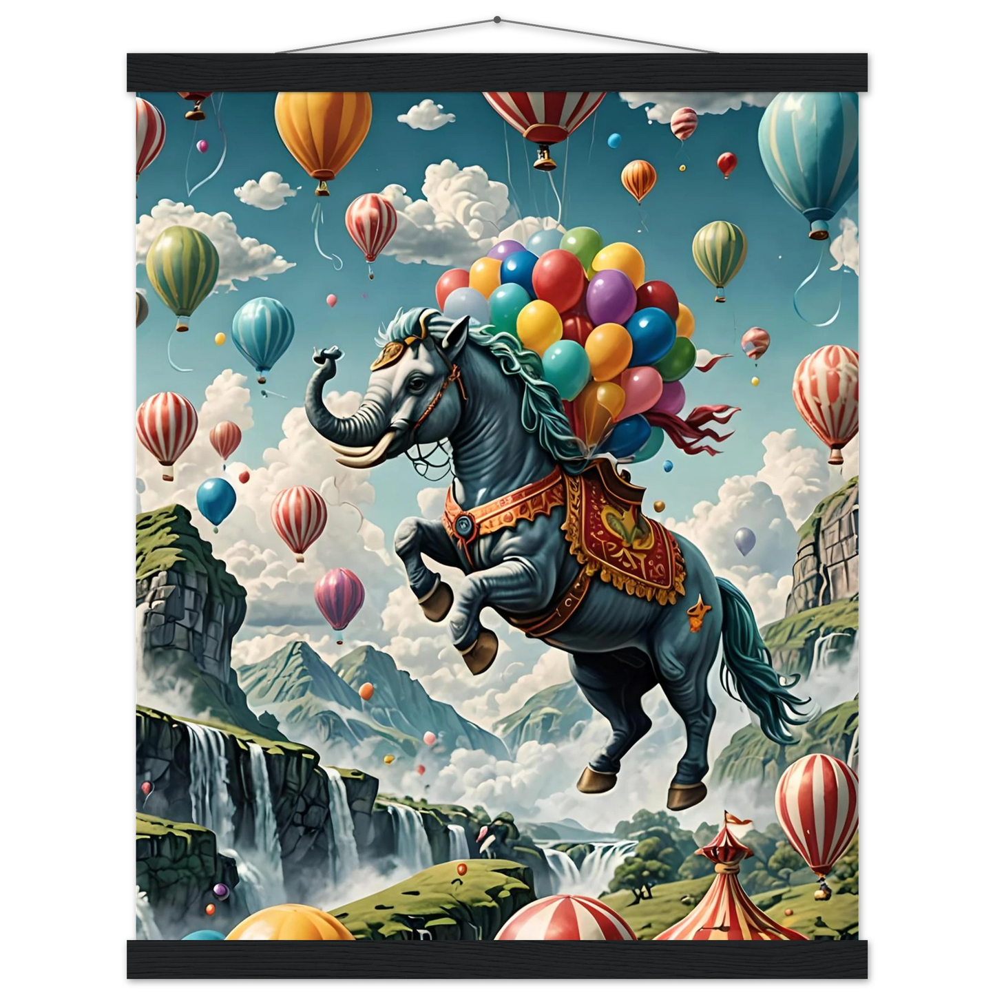 Fantasy horse-elephant hybrid with balloons on Skybound Majesty poster by PixiOnyx