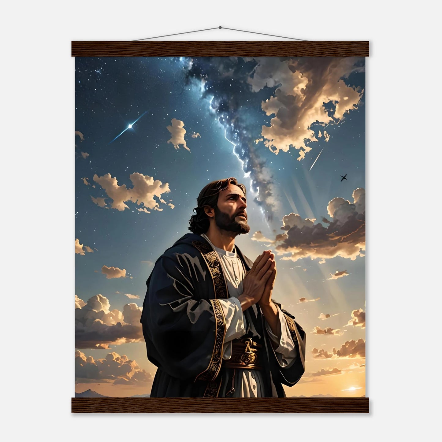 Religious wall hanging poster with hanger featuring a cosmic prayer design from PixiOnyx