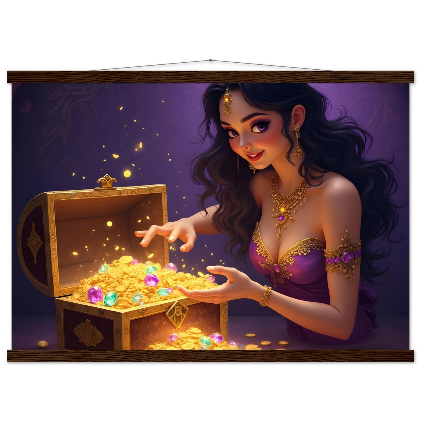 Treasure Seeker Matte Poster with Hanger showcasing overflowing gold and jewel treasure chest