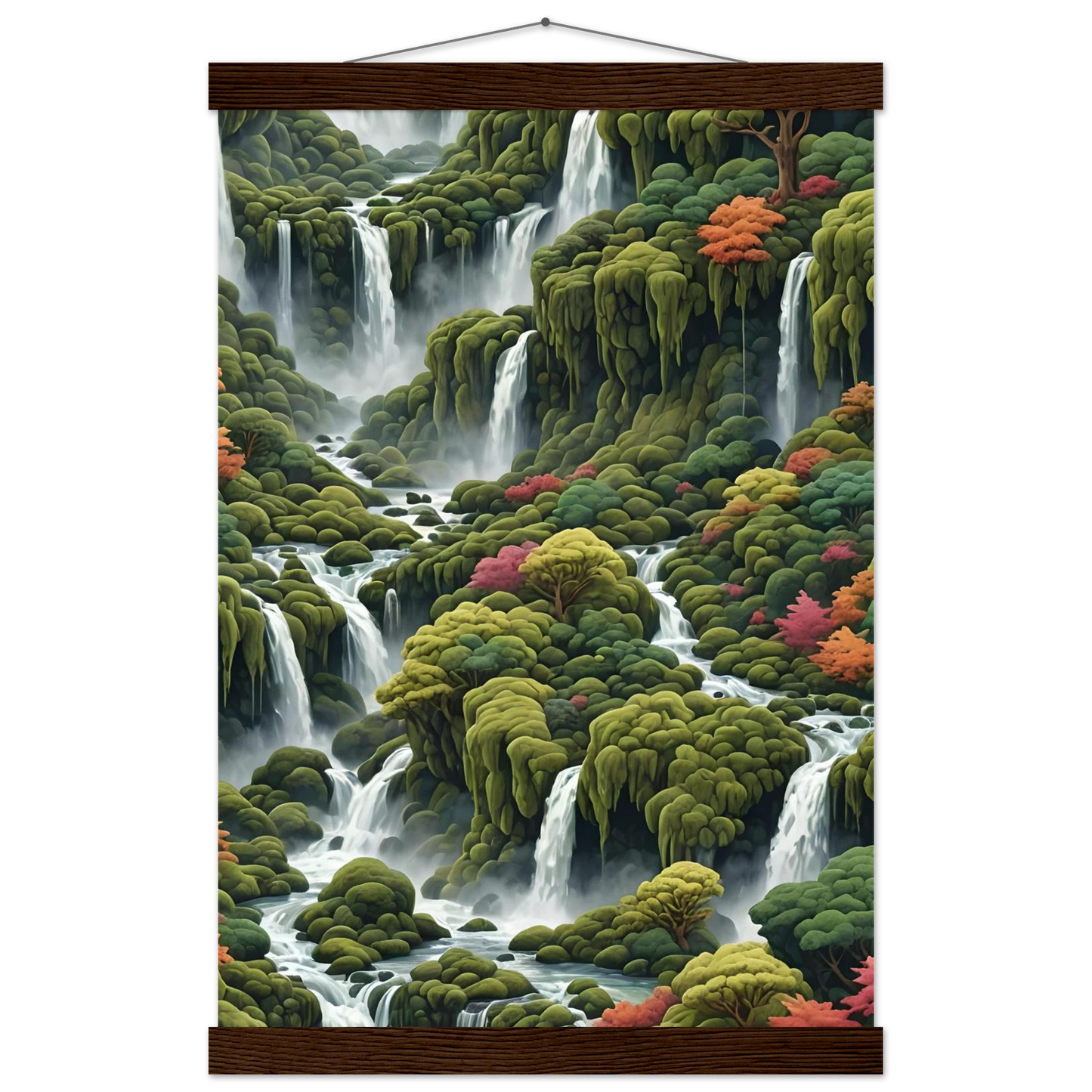 Waterfall tapestry with lush greenery displayed on Moss Cascade Poster with Hanger from PixiOnyx