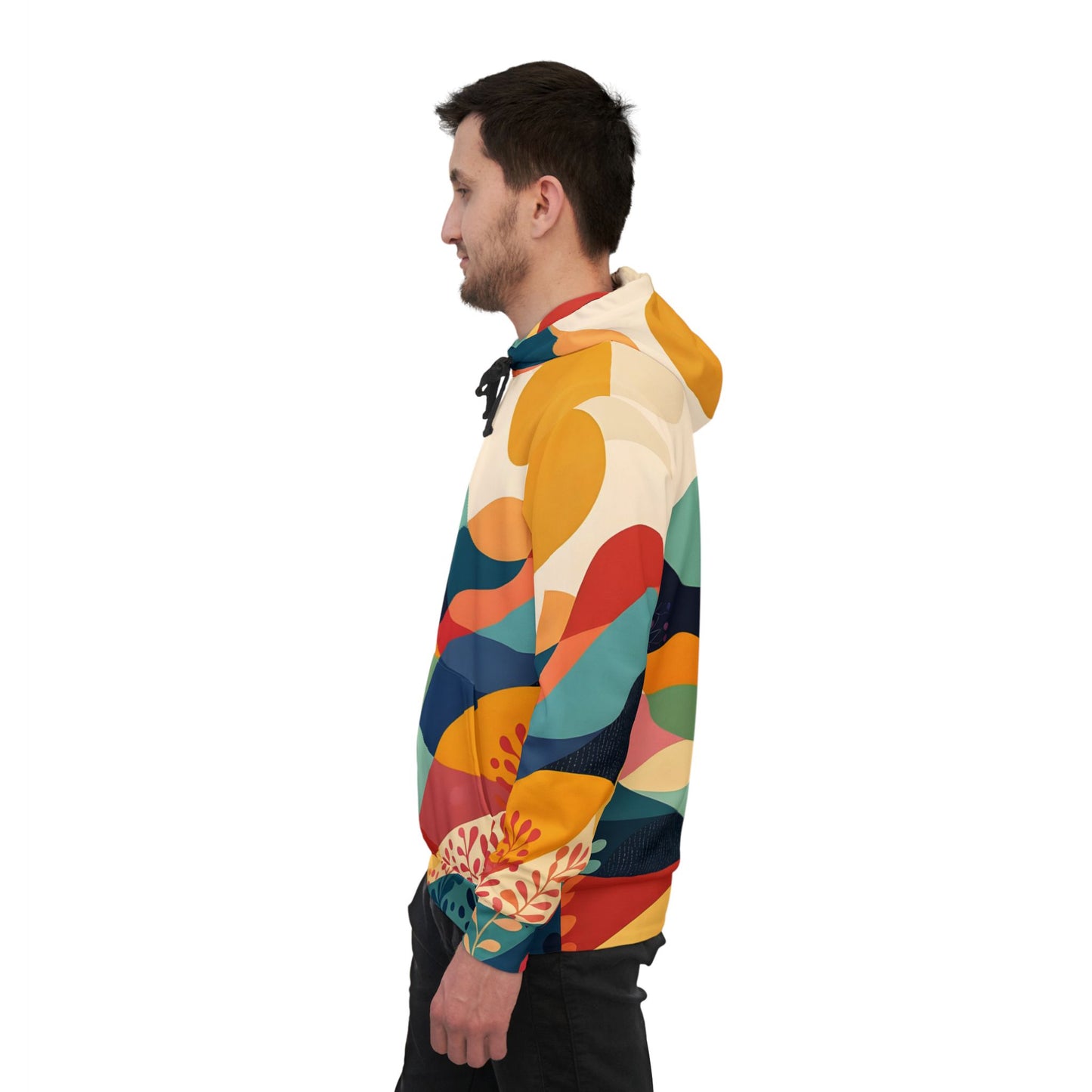 Colorful patterned hoodie from Sunset Grove AOP Hoodie collection featuring abstract nature design